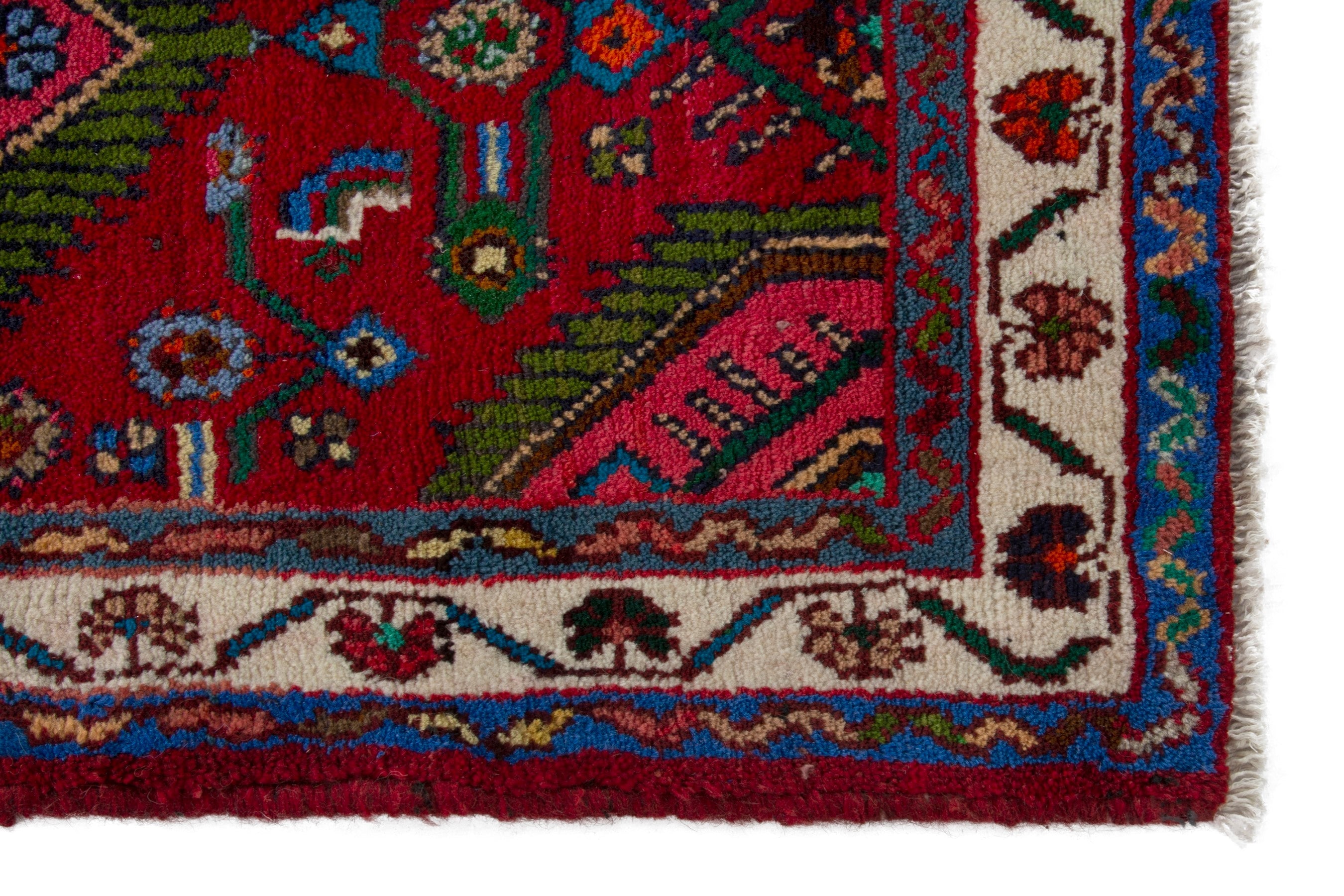 Persian Hamedan accent rug in deep red and cream, view 5 of 9