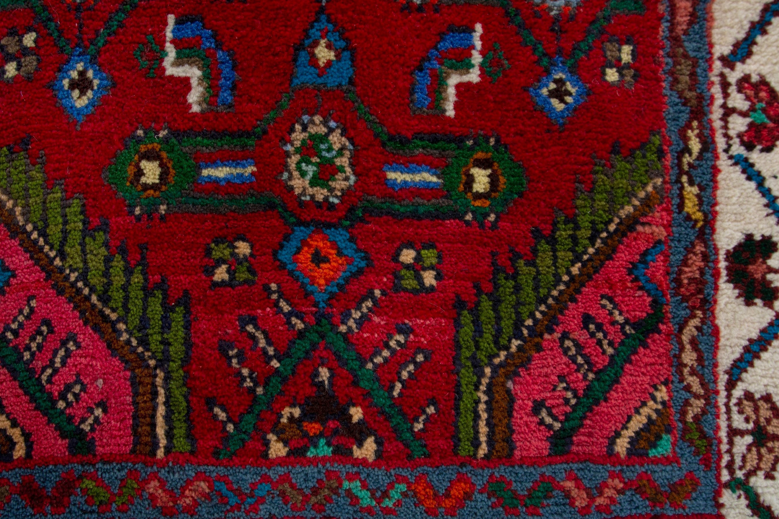 Persian Hamedan accent rug in deep red and cream, view 6 of 9