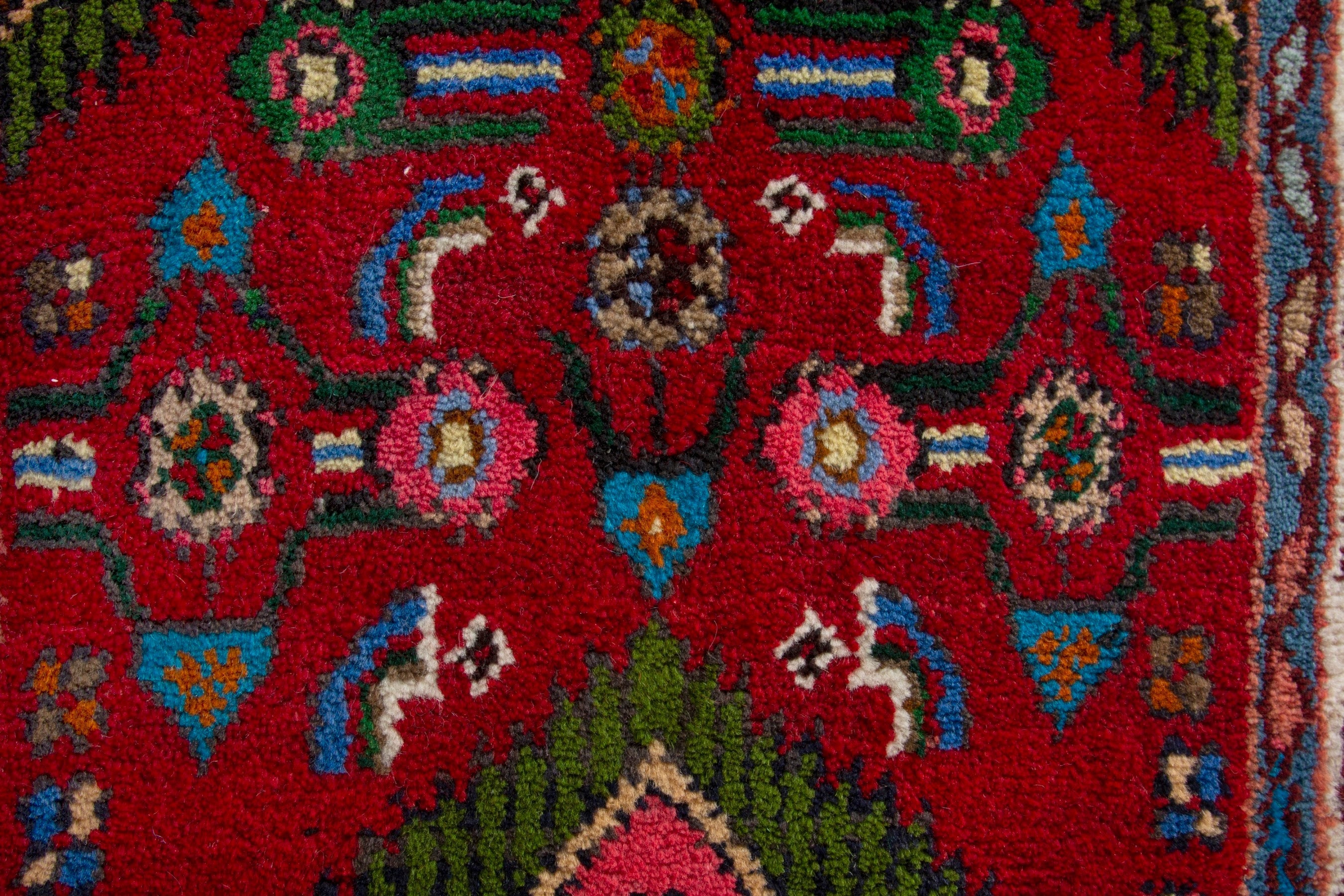 Persian Hamedan accent rug in deep red and cream, view 7 of 9