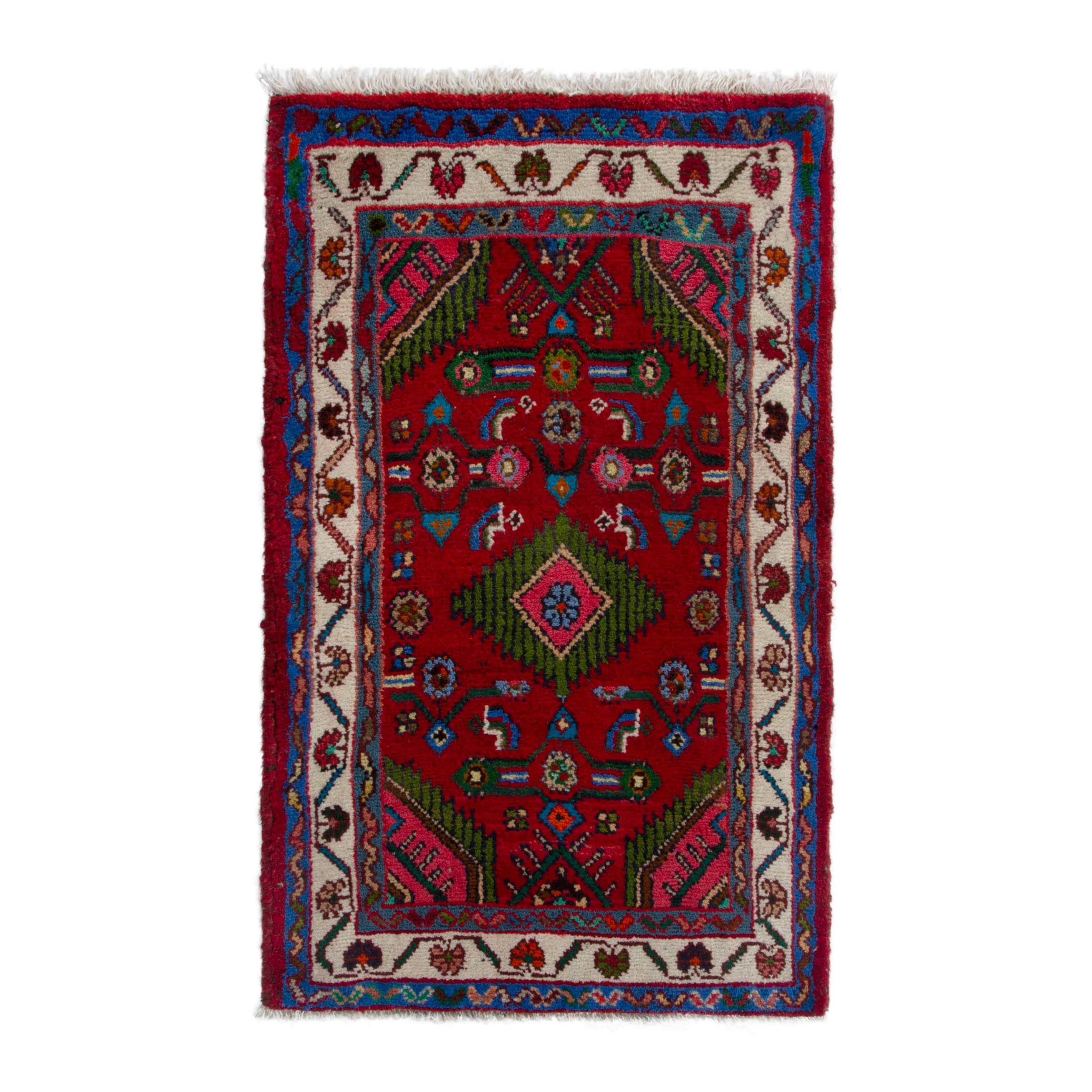 Persian Hamedan accent rug in deep red and cream, 2' x 3'3"