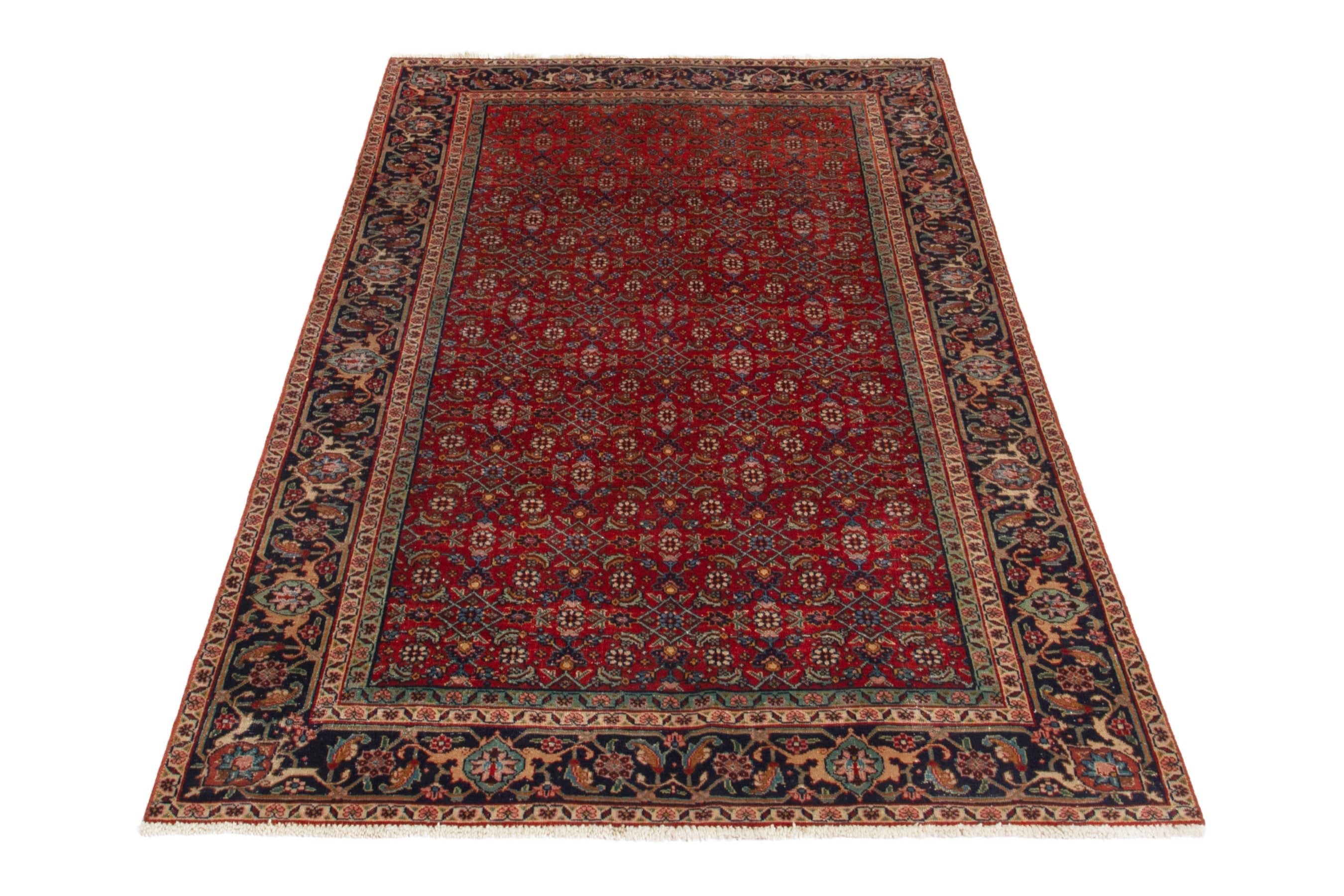 Persian Tabriz area rug in deep red and navy, view 2 of 17