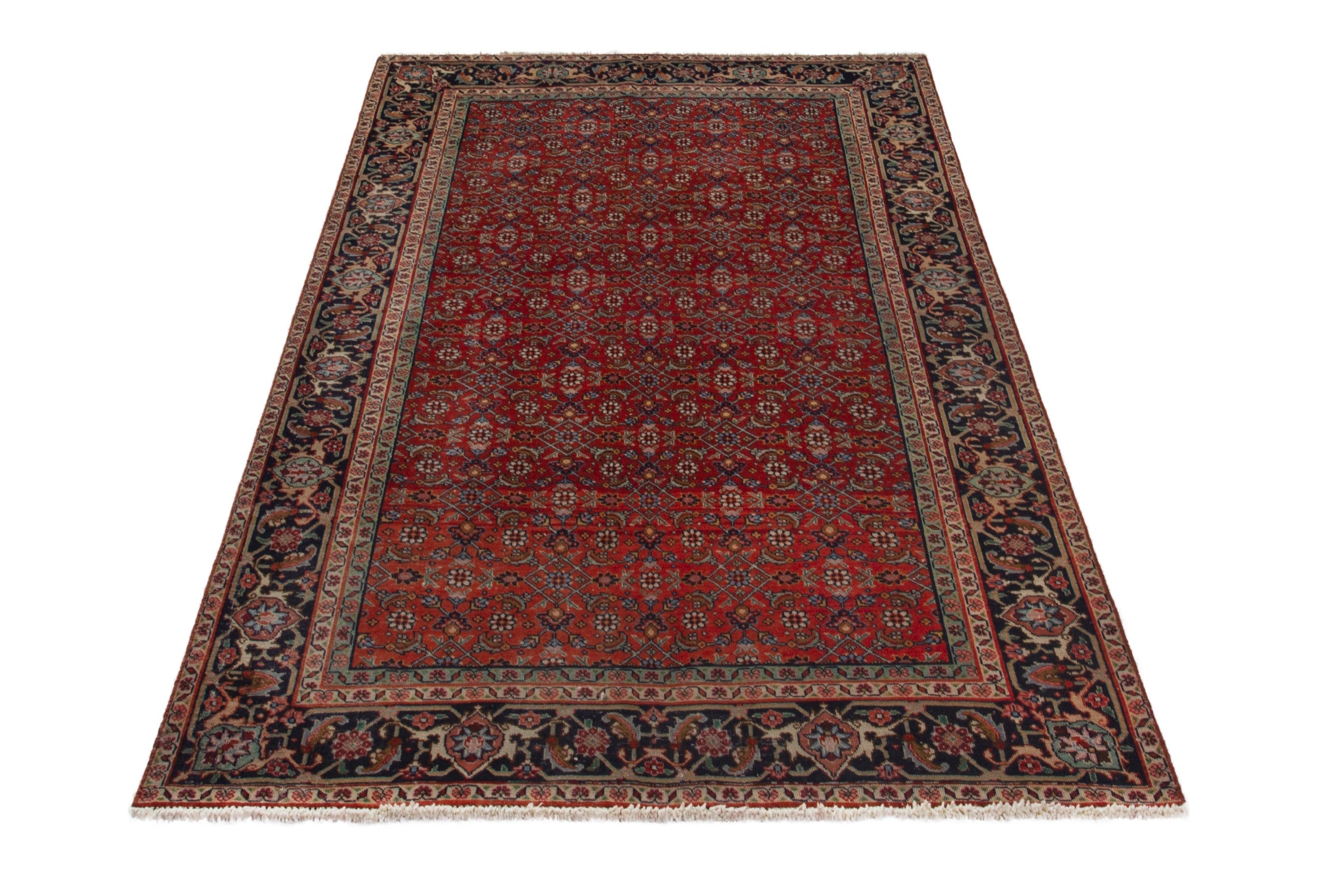 Persian Tabriz area rug in deep red and navy, view 3 of 17
