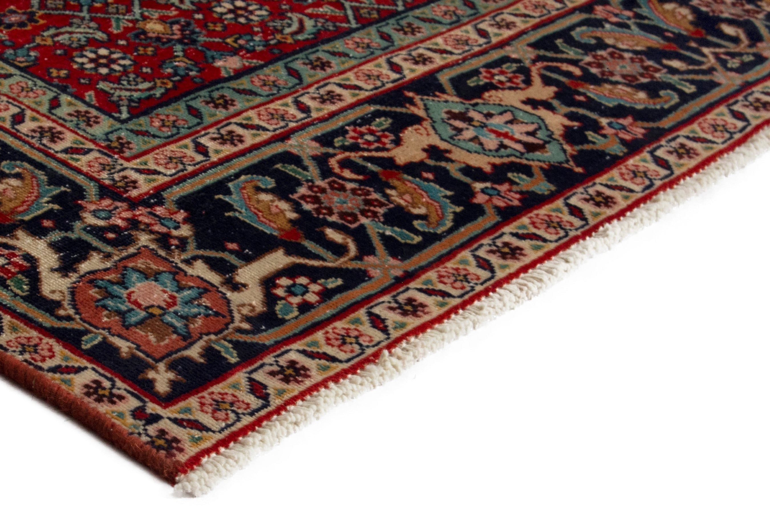 Persian Tabriz area rug in deep red and navy, view 5 of 17