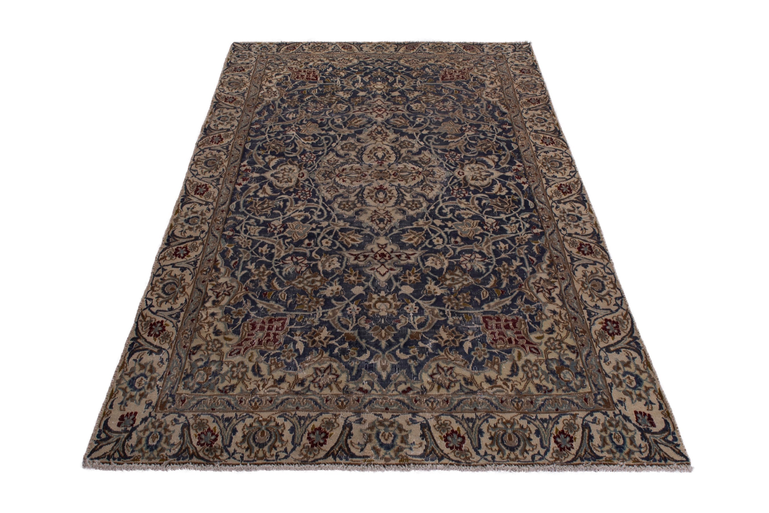 Persian Nain area rug in navy and cream, view 3 of 19