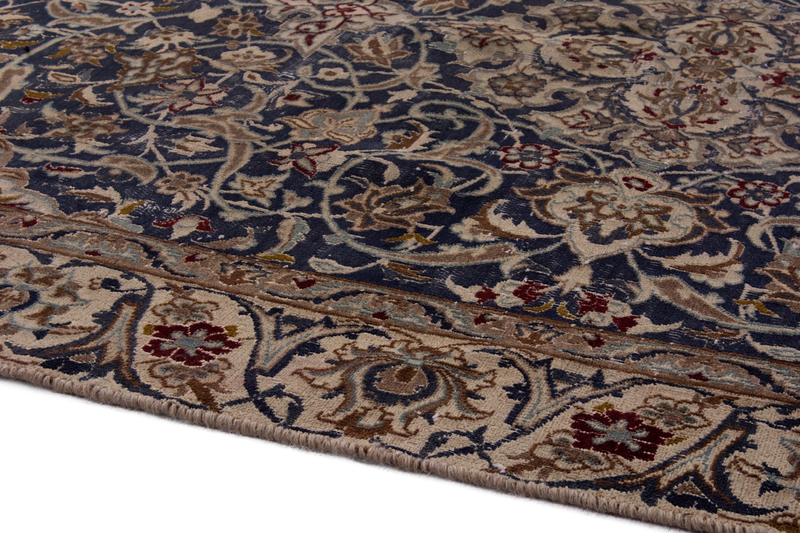 Persian Nain area rug in navy and cream, view 6 of 19