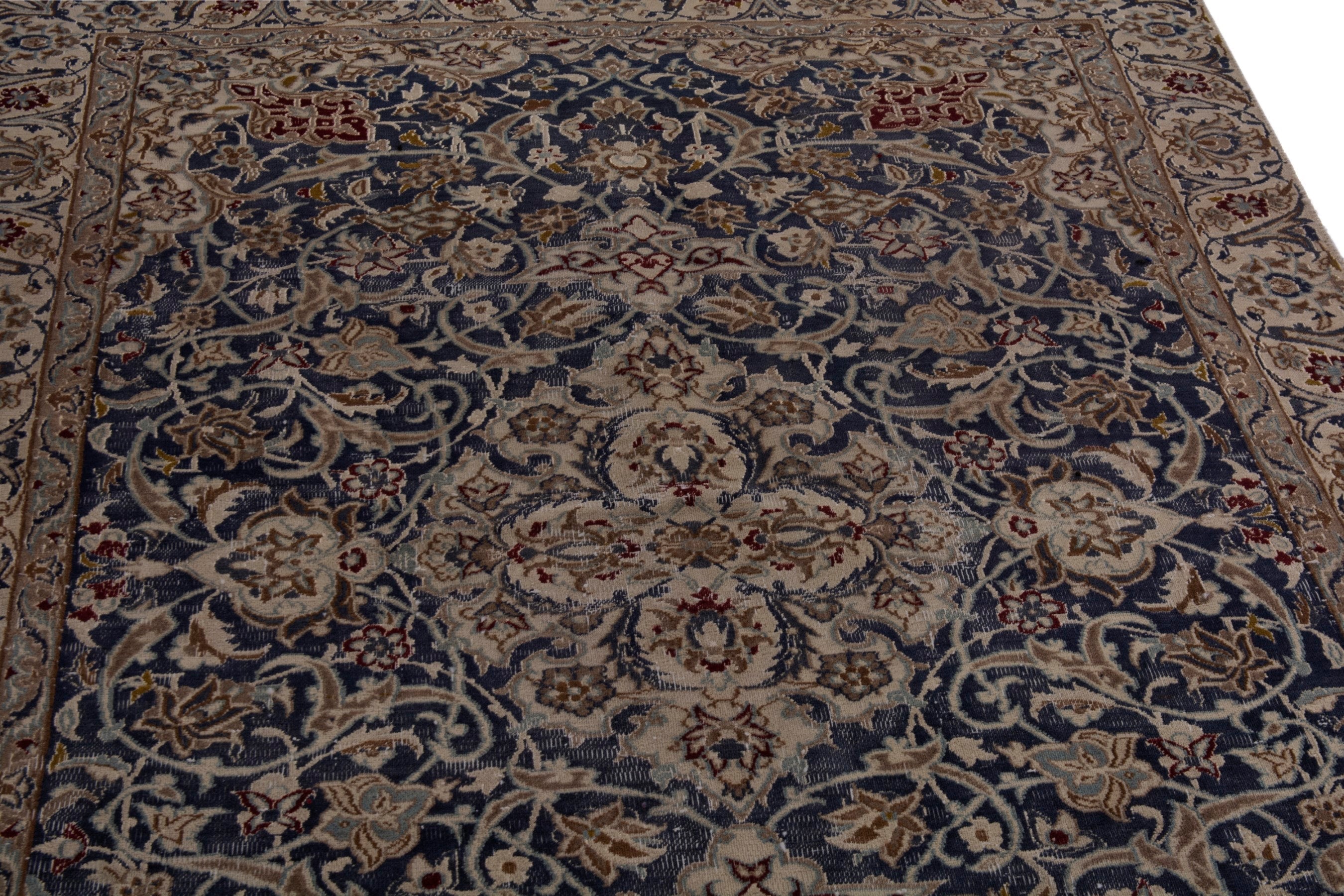Persian Nain area rug in navy and cream, view 7 of 19