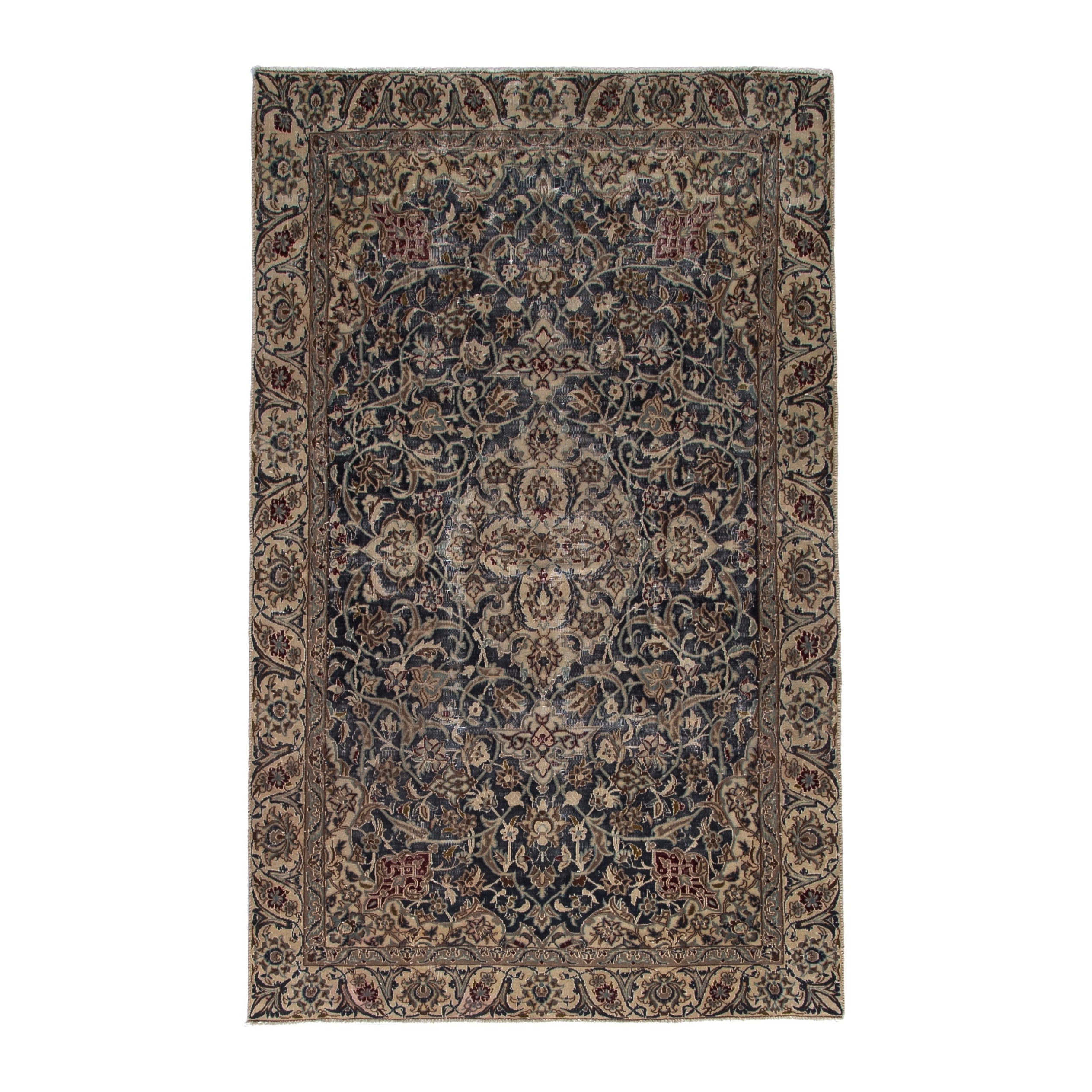 Persian Nain area rug in navy and cream, 4'10" x 8'