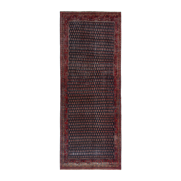 Persian Arak runner rug in navy and burgundy, 4'2" x 12'2"