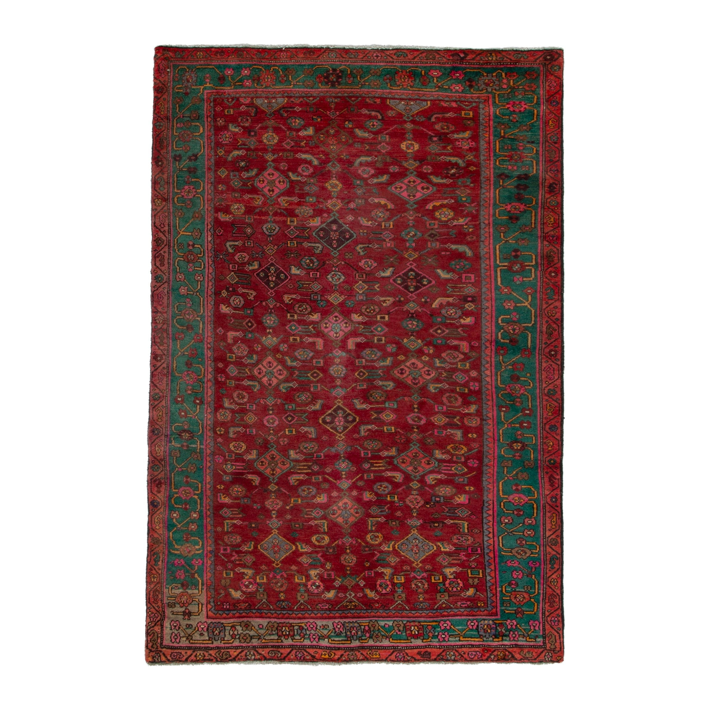 Persian Bijar area rug in deep red and teal, 4'9" x 9'7"