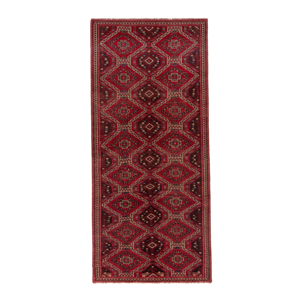 Persian Ghoochan runner rug in deep red and faded red, 3'10" x 8'7"