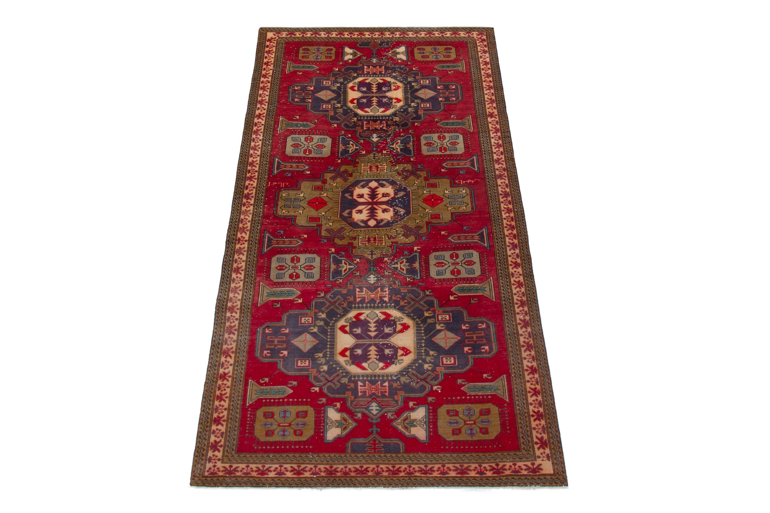 Persian Azerbaijan area rug in deep red and dark blue, view 2 of 19