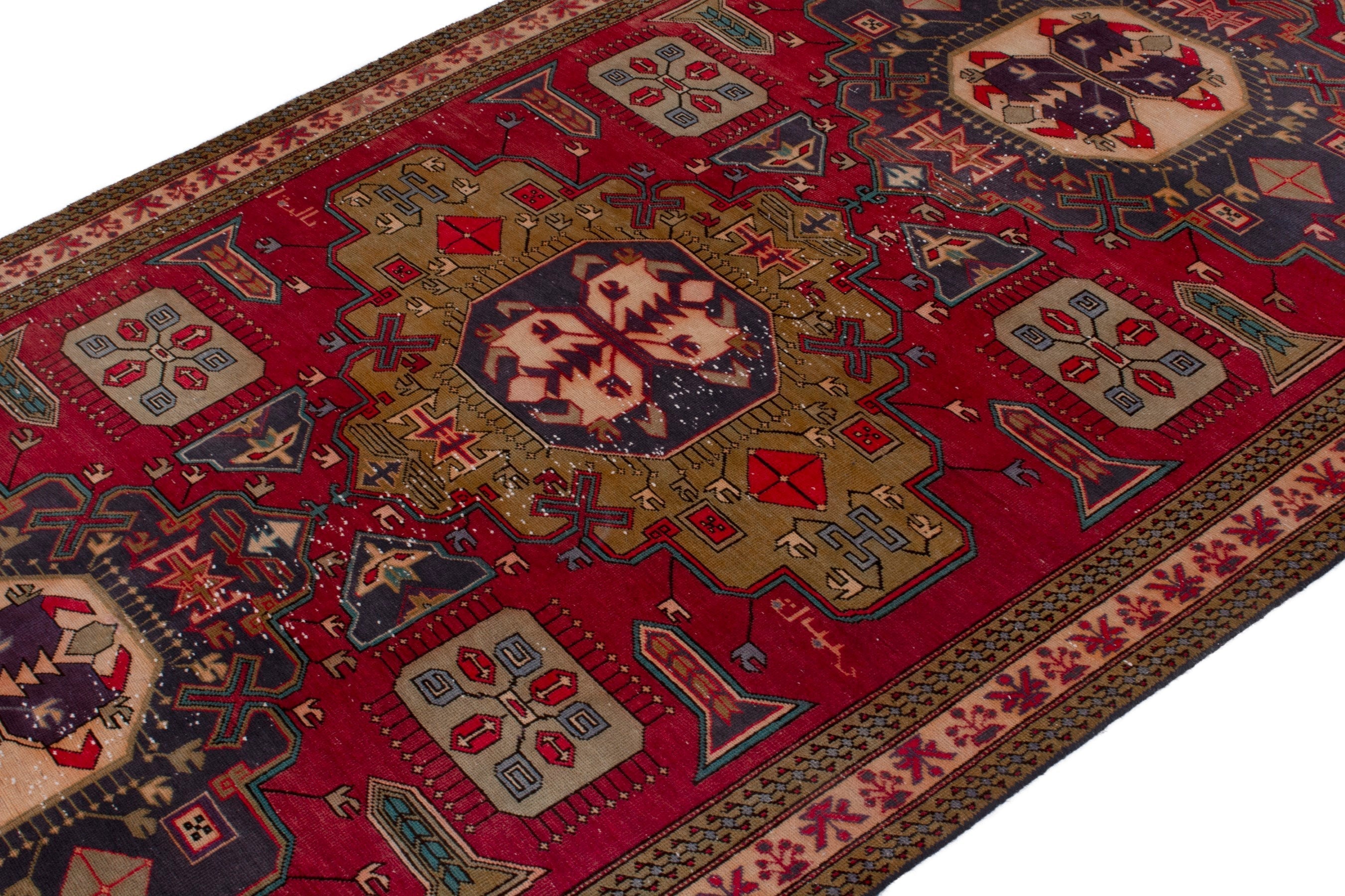 Persian Azerbaijan area rug in deep red and dark blue, view 4 of 19