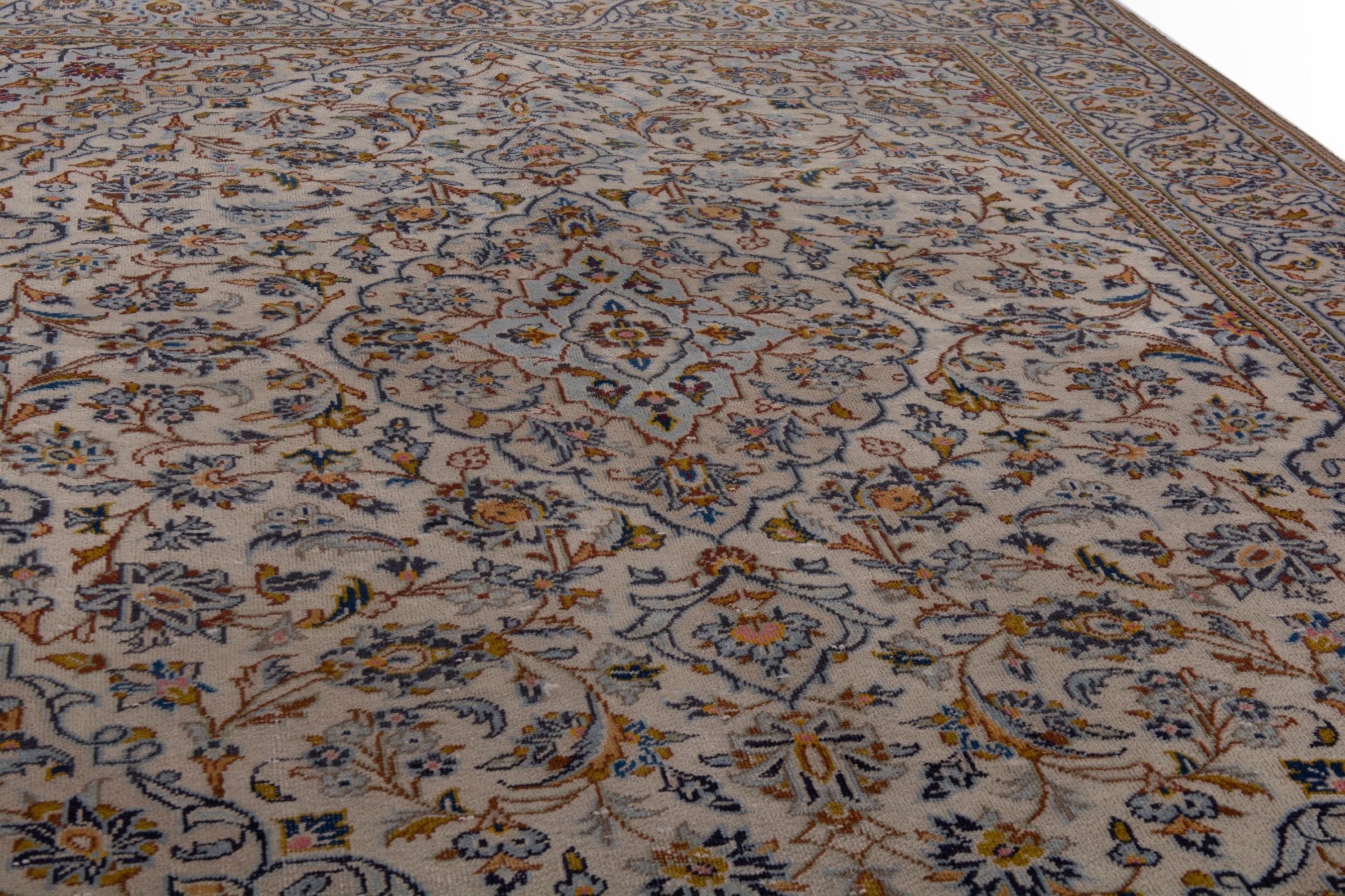 Persian Kashan area rug in cream and blue gray, view 8 of 21