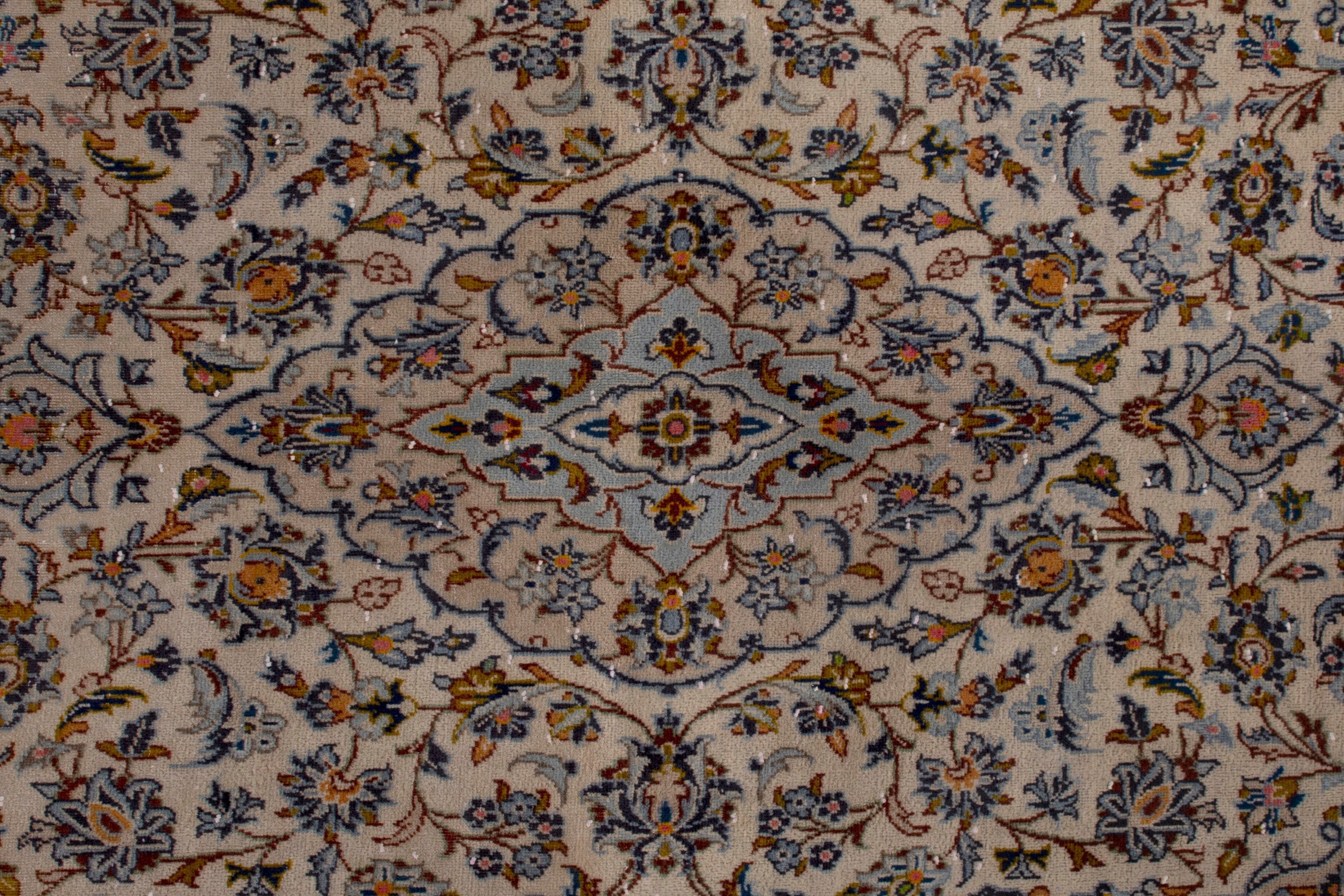 Persian Kashan area rug in cream and blue gray, view 17 of 21