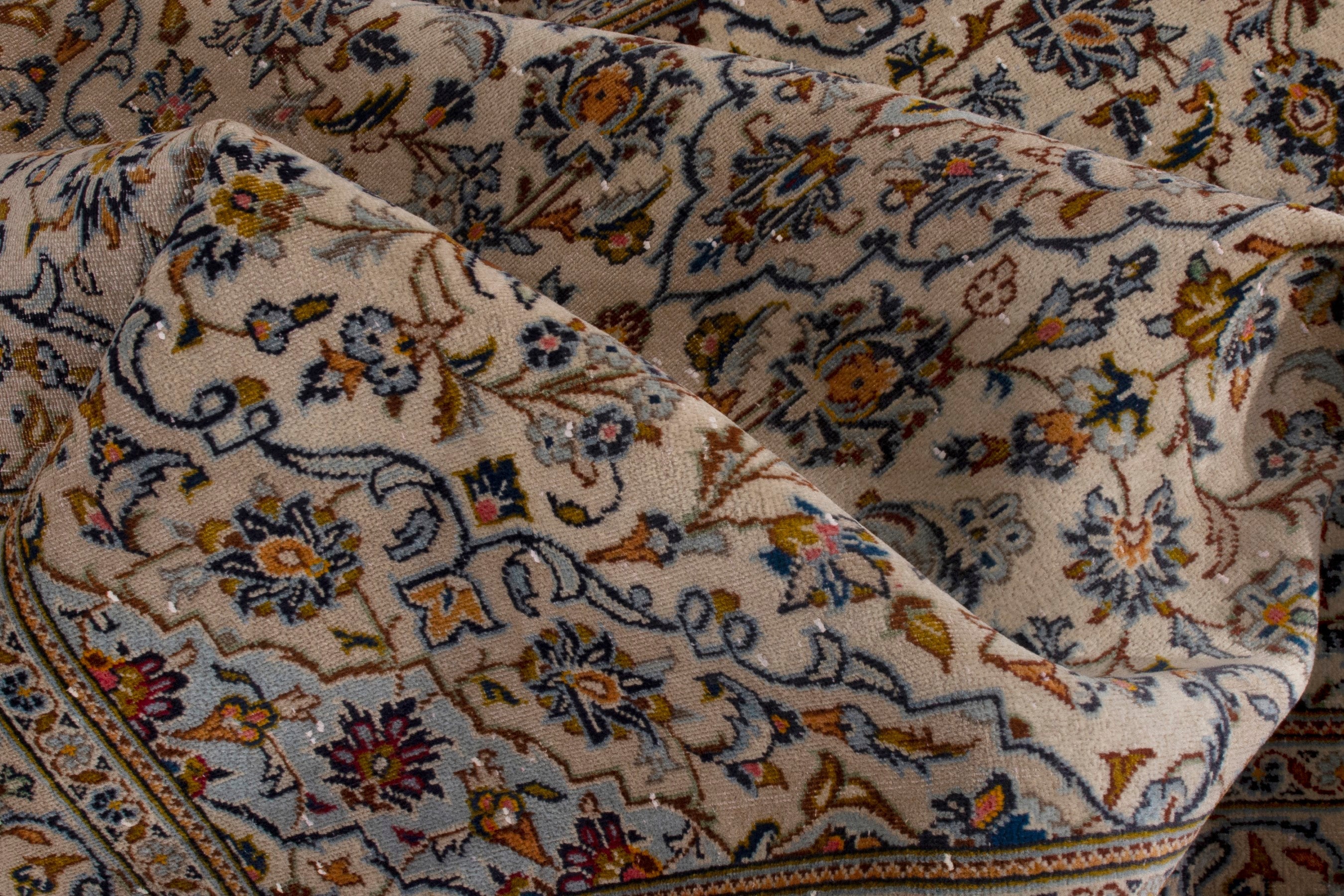 Persian Kashan area rug in cream and blue gray, view 18 of 21