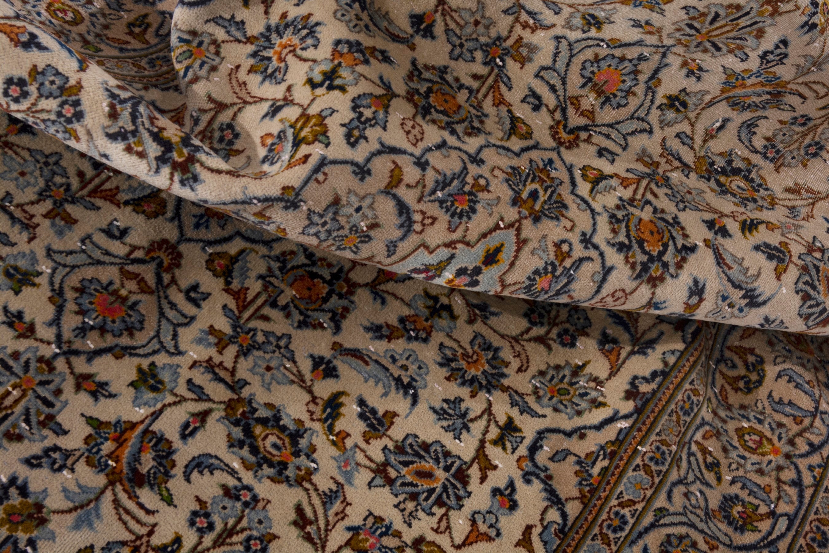 Persian Kashan area rug in cream and blue gray, view 19 of 21