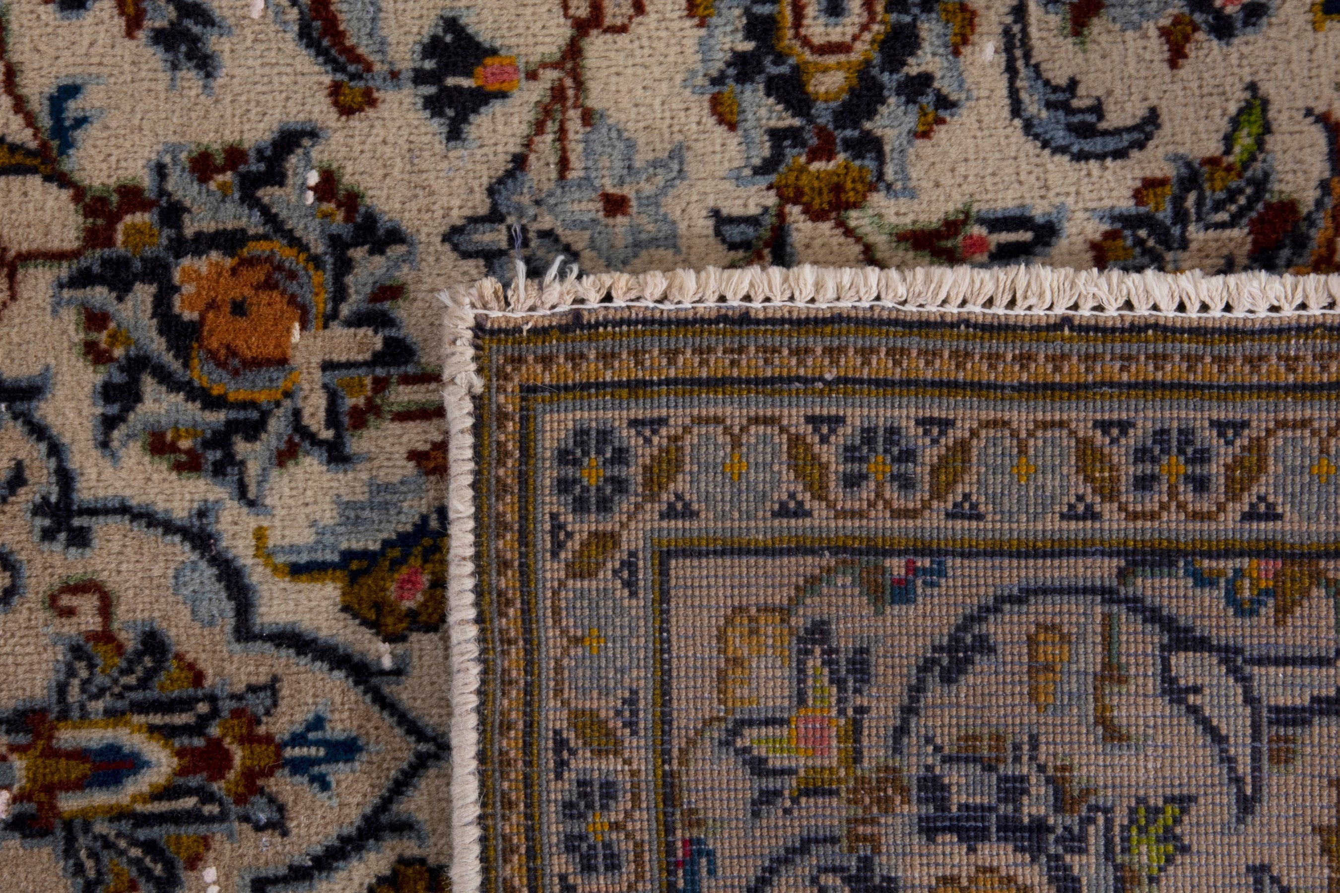 Persian Kashan area rug in cream and blue gray, view 21 of 21