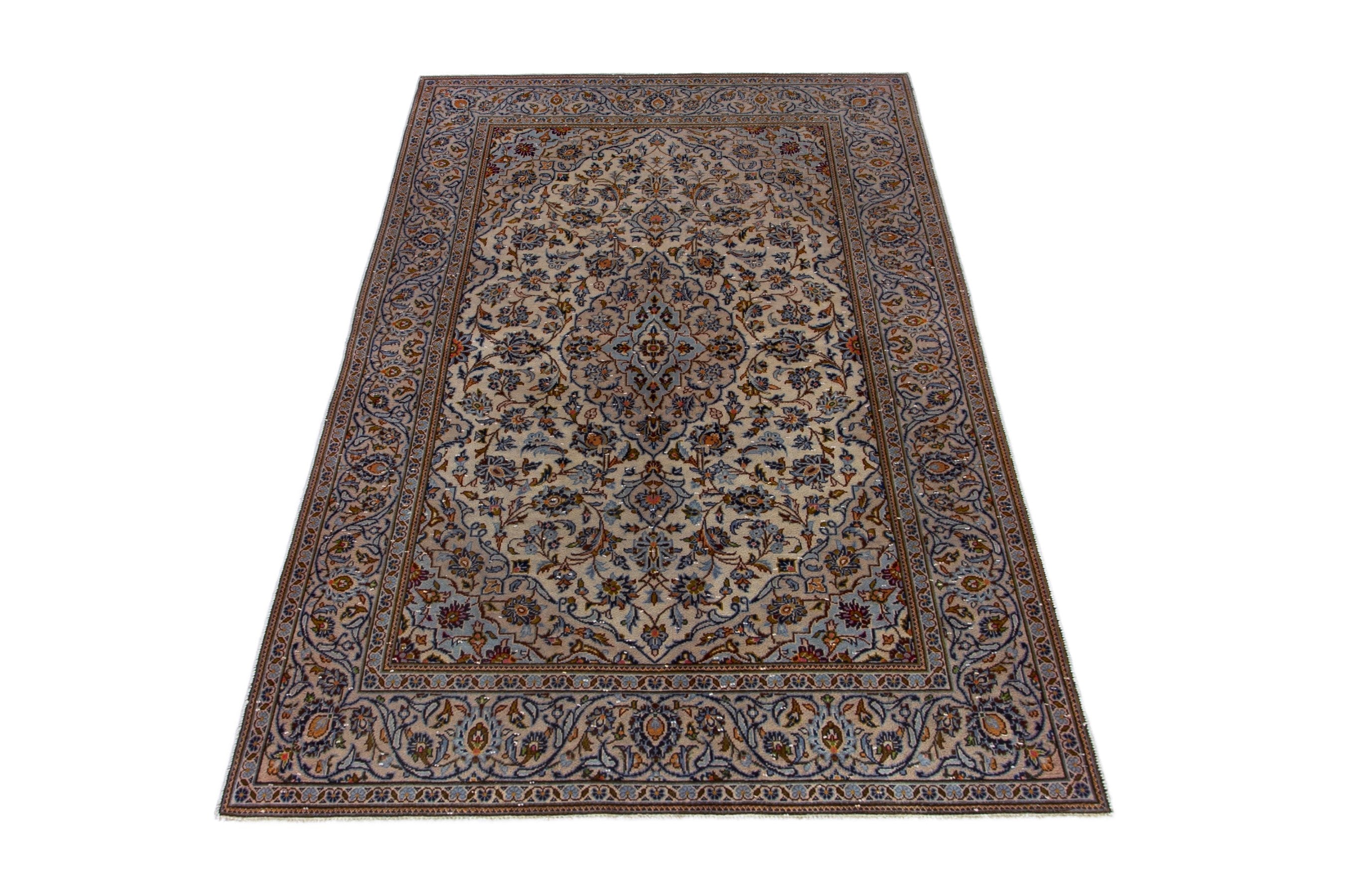 Persian Kashan area rug in cream and blue gray, view 2 of 21