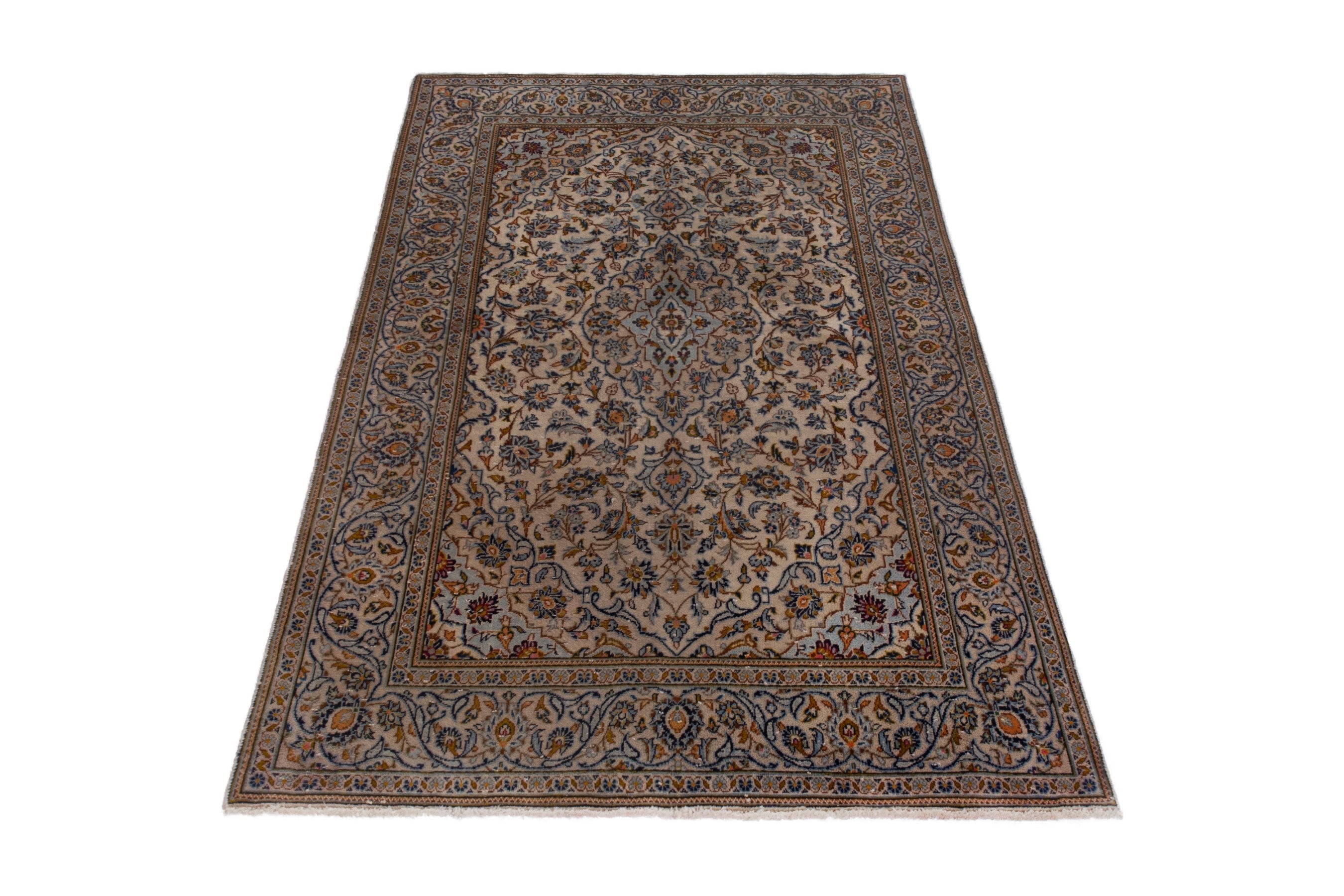 Persian Kashan area rug in cream and blue gray, view 3 of 21