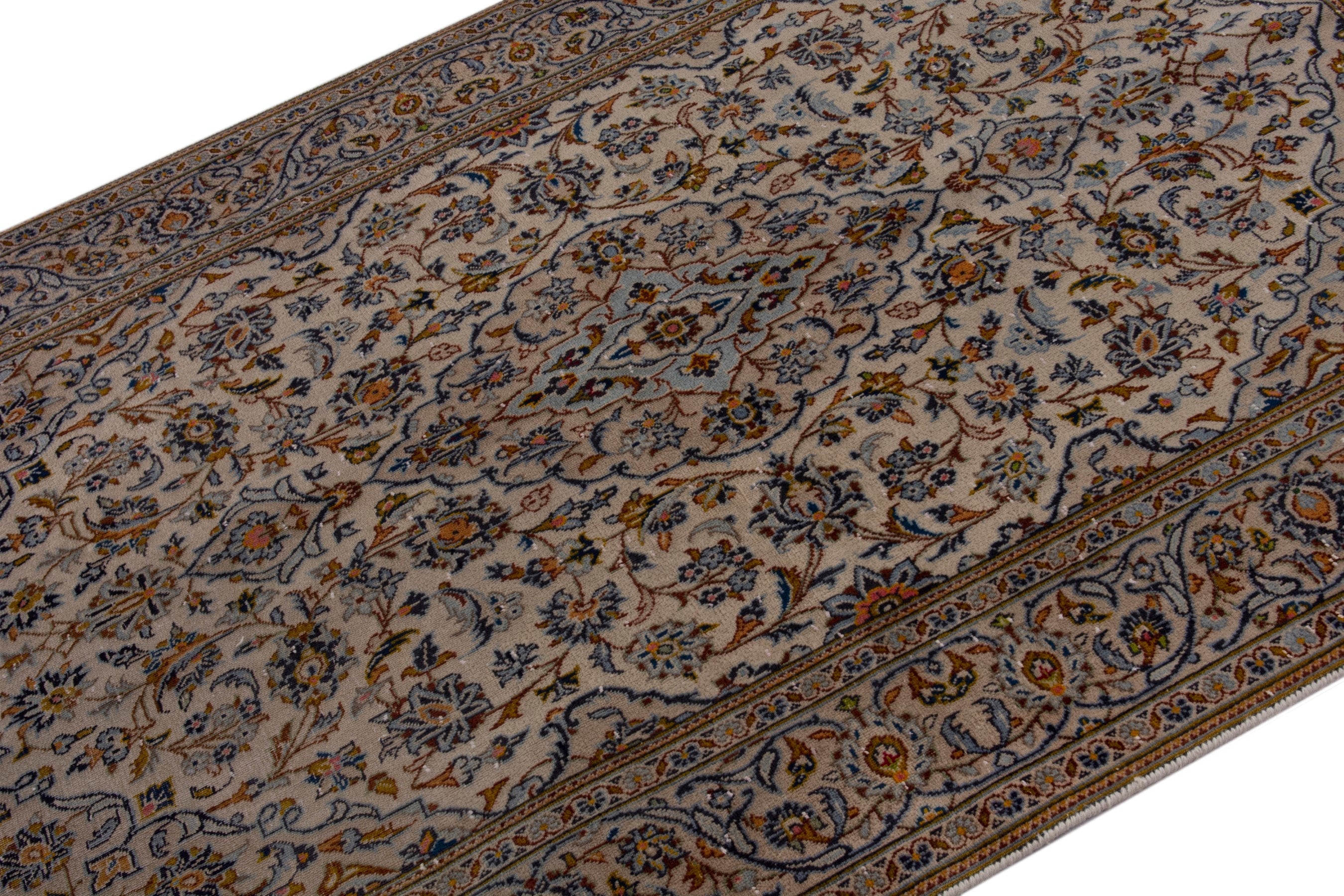 Persian Kashan area rug in cream and blue gray, view 4 of 21