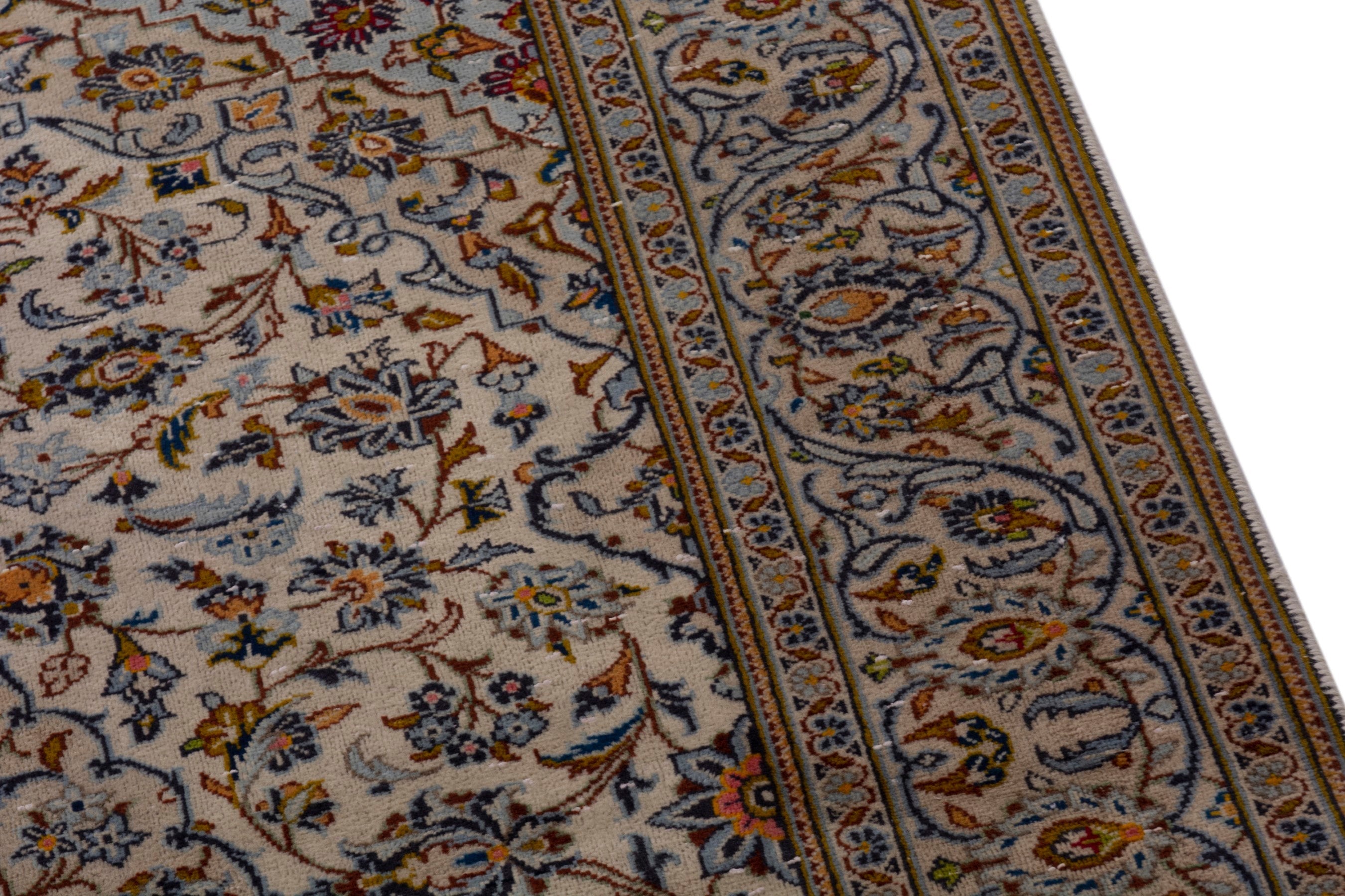 Persian Kashan area rug in cream and blue gray, view 9 of 21