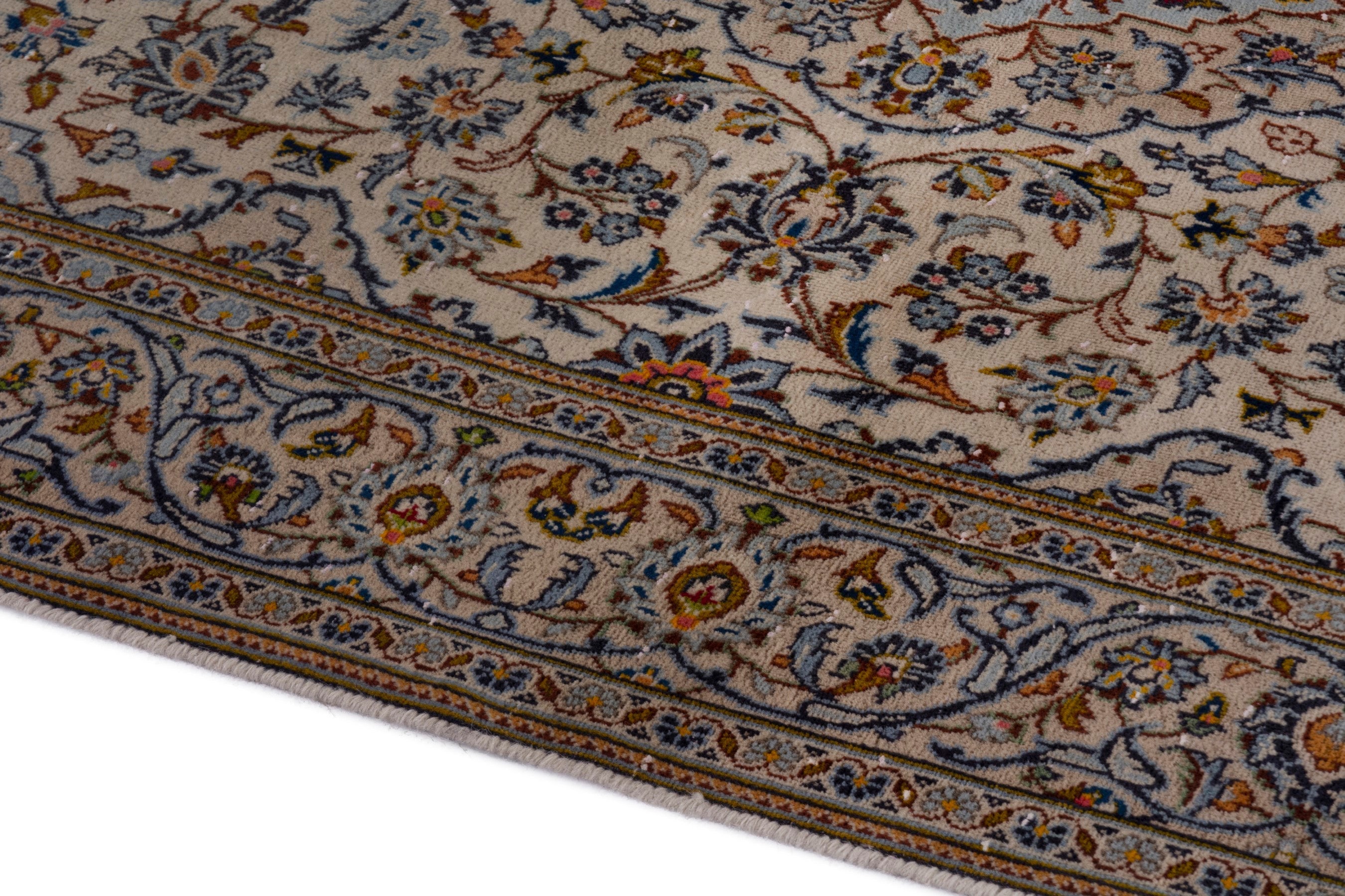 Persian Kashan area rug in cream and blue gray, view 6 of 21
