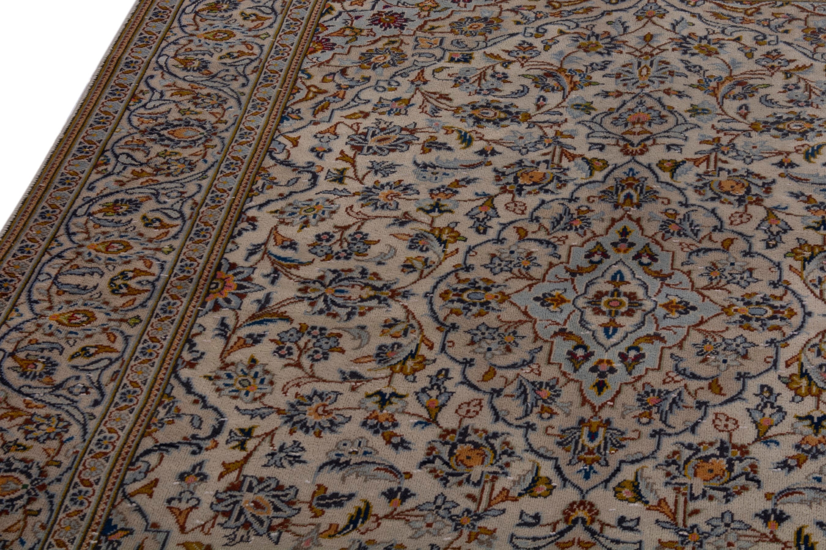 Persian Kashan area rug in cream and blue gray, view 7 of 21