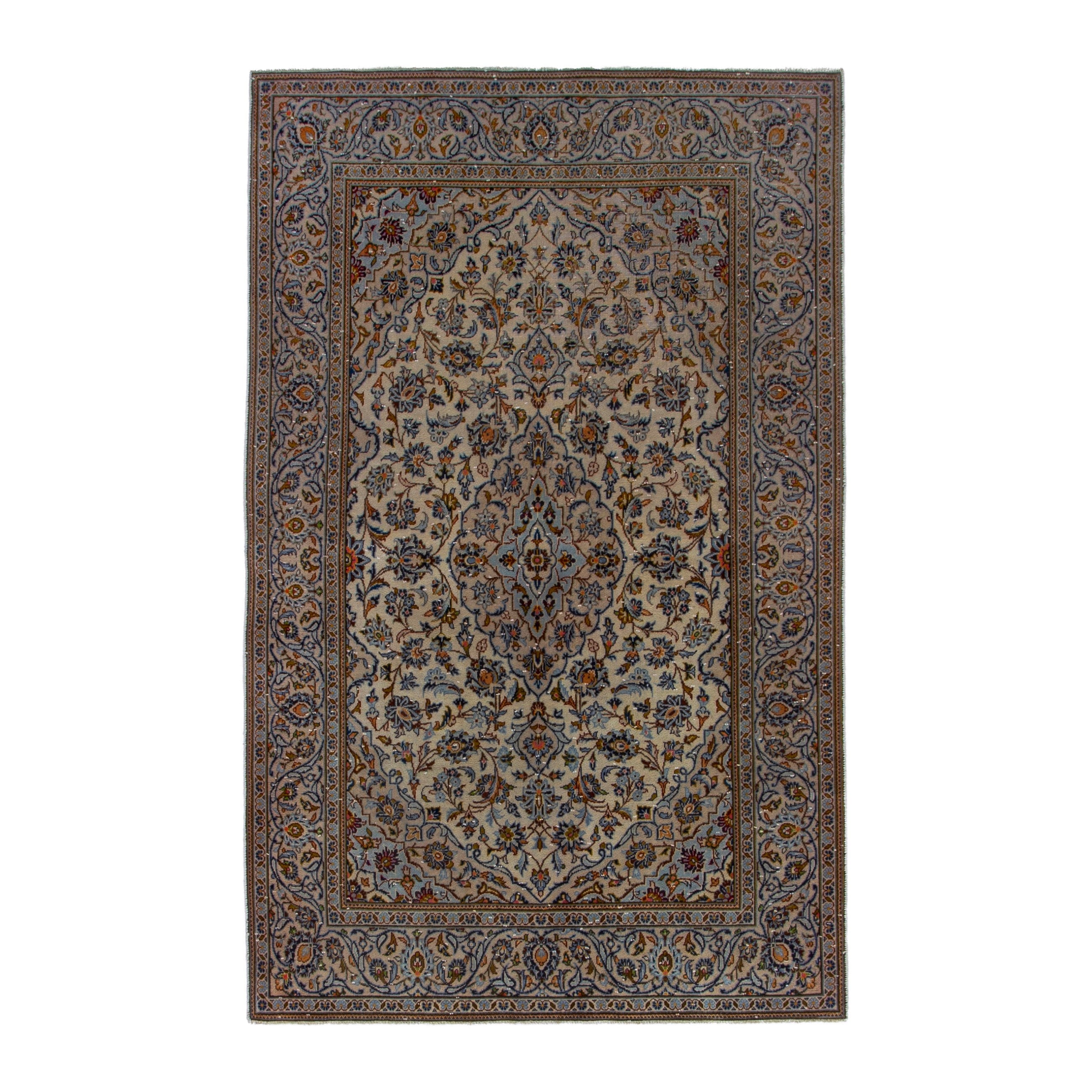 Persian Kashan area rug in cream and blue gray, 4'7" x 7'5"