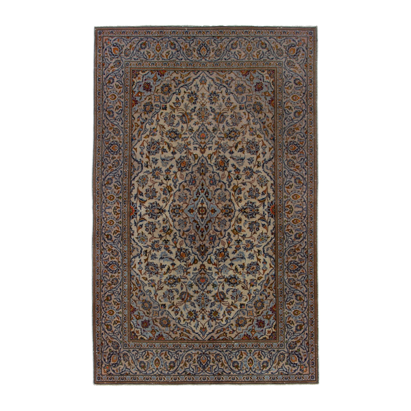 Persian Kashan area rug in cream and blue gray, 4'7" x 7'5"