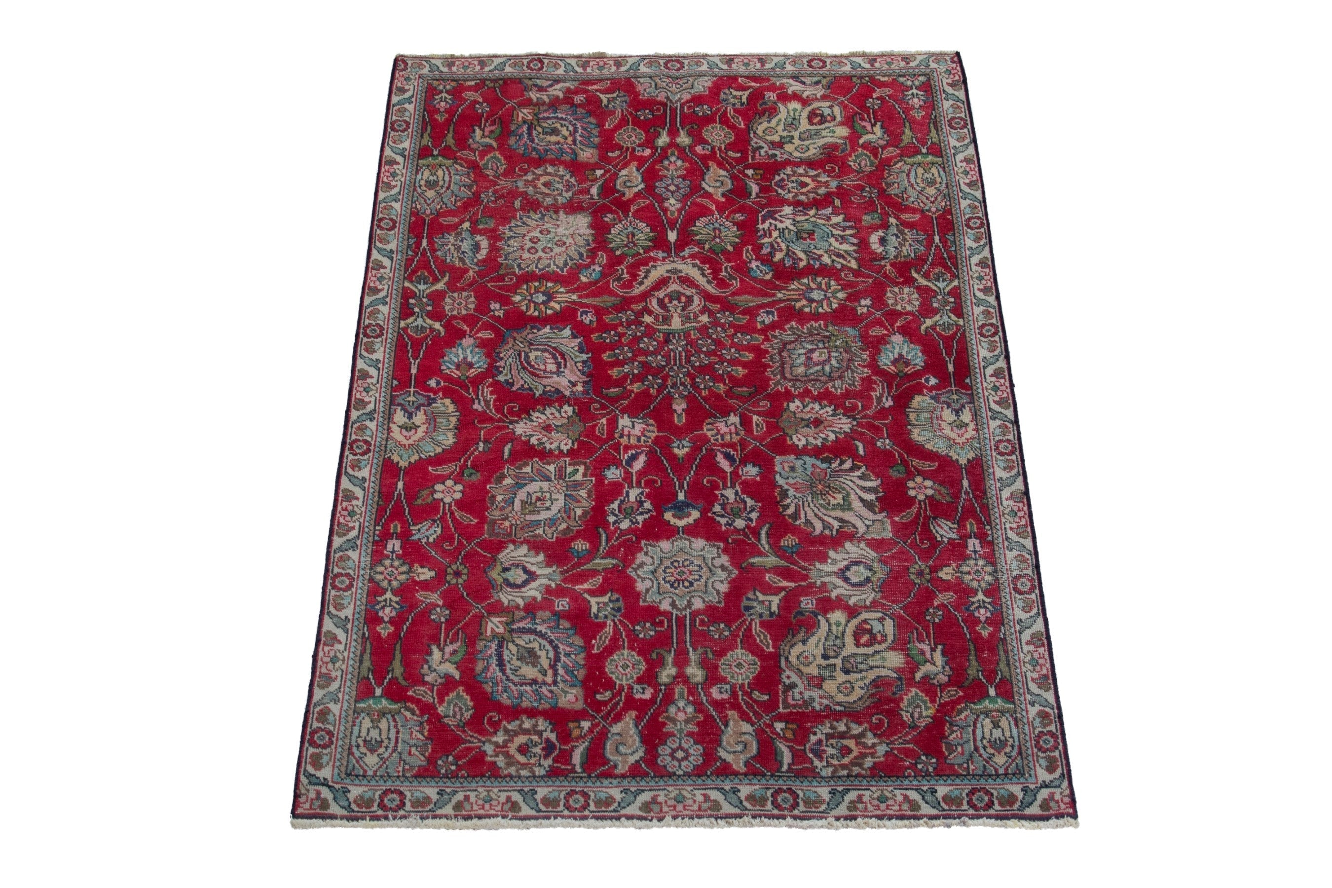 Persian Tabriz area rug in deep red and cream, view 3 of 19