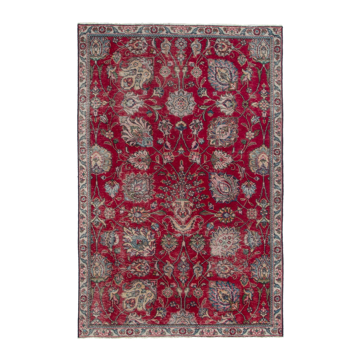 Persian Tabriz area rug in deep red and cream, 4'7" x 7'7"