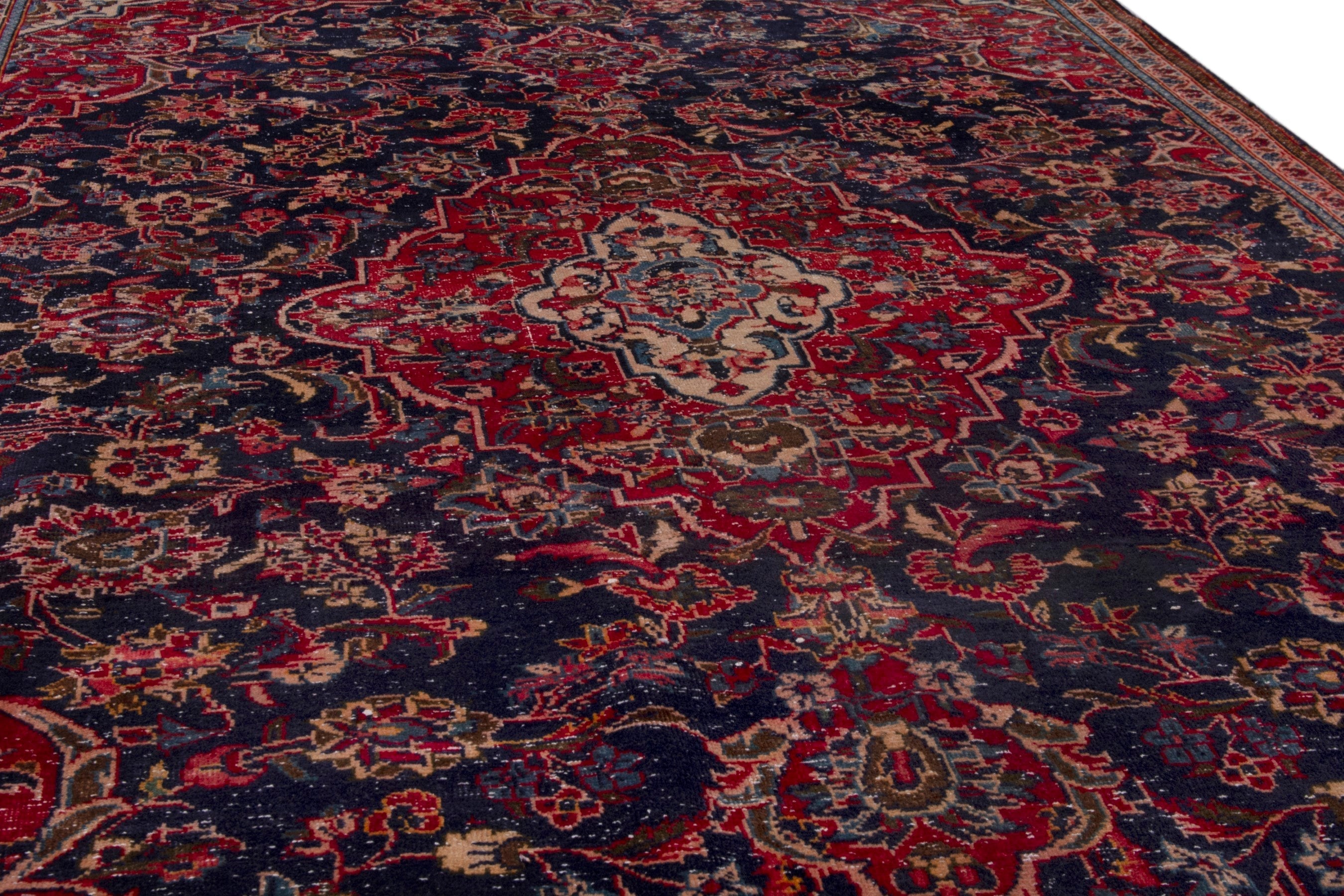 Persian Kashan area rug in navy and deep red, view 8 of 18