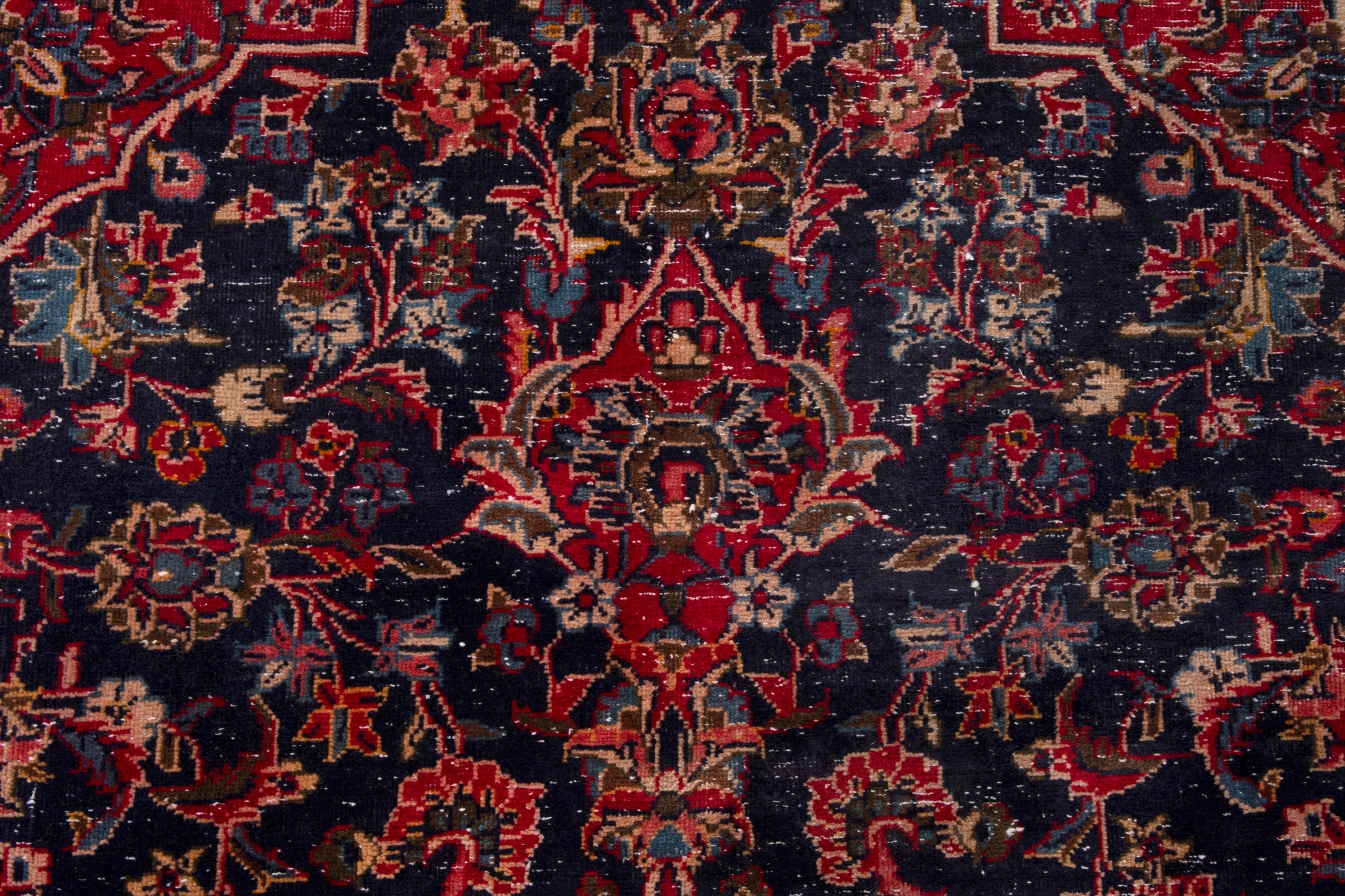 Persian Kashan area rug in navy and deep red, view 13 of 18