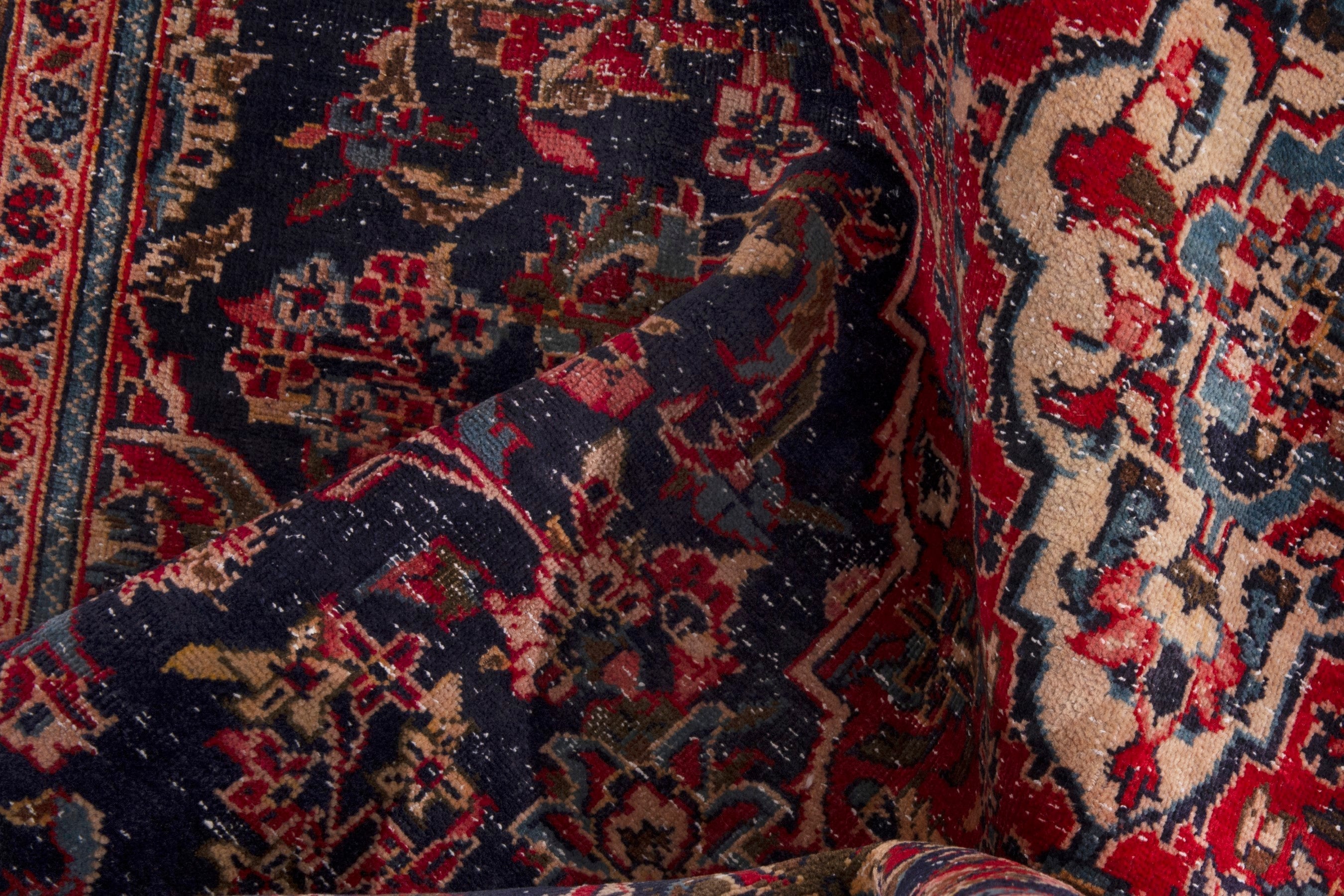 Persian Kashan area rug in navy and deep red, view 15 of 18