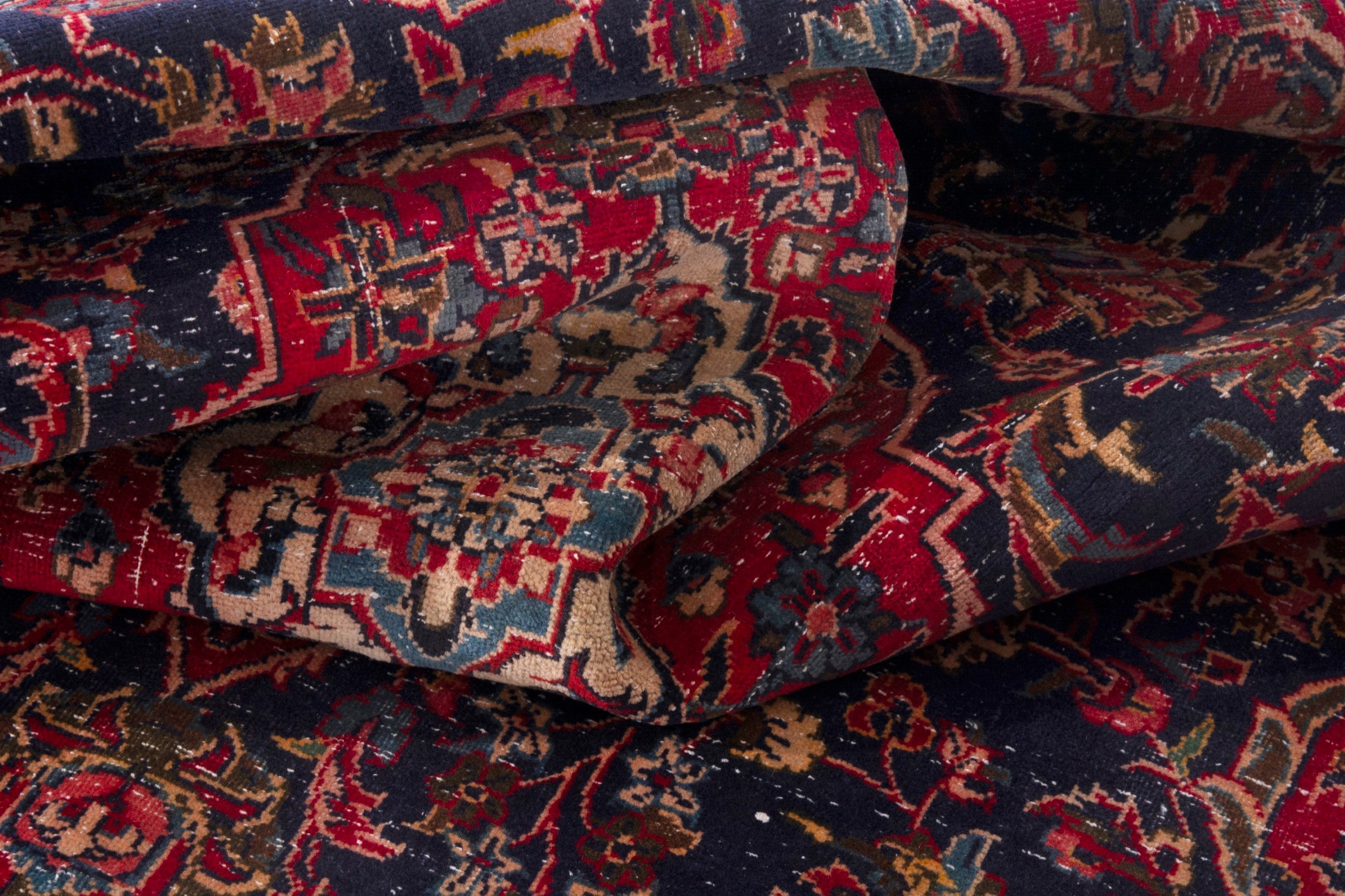 Persian Kashan area rug in navy and deep red, view 17 of 18