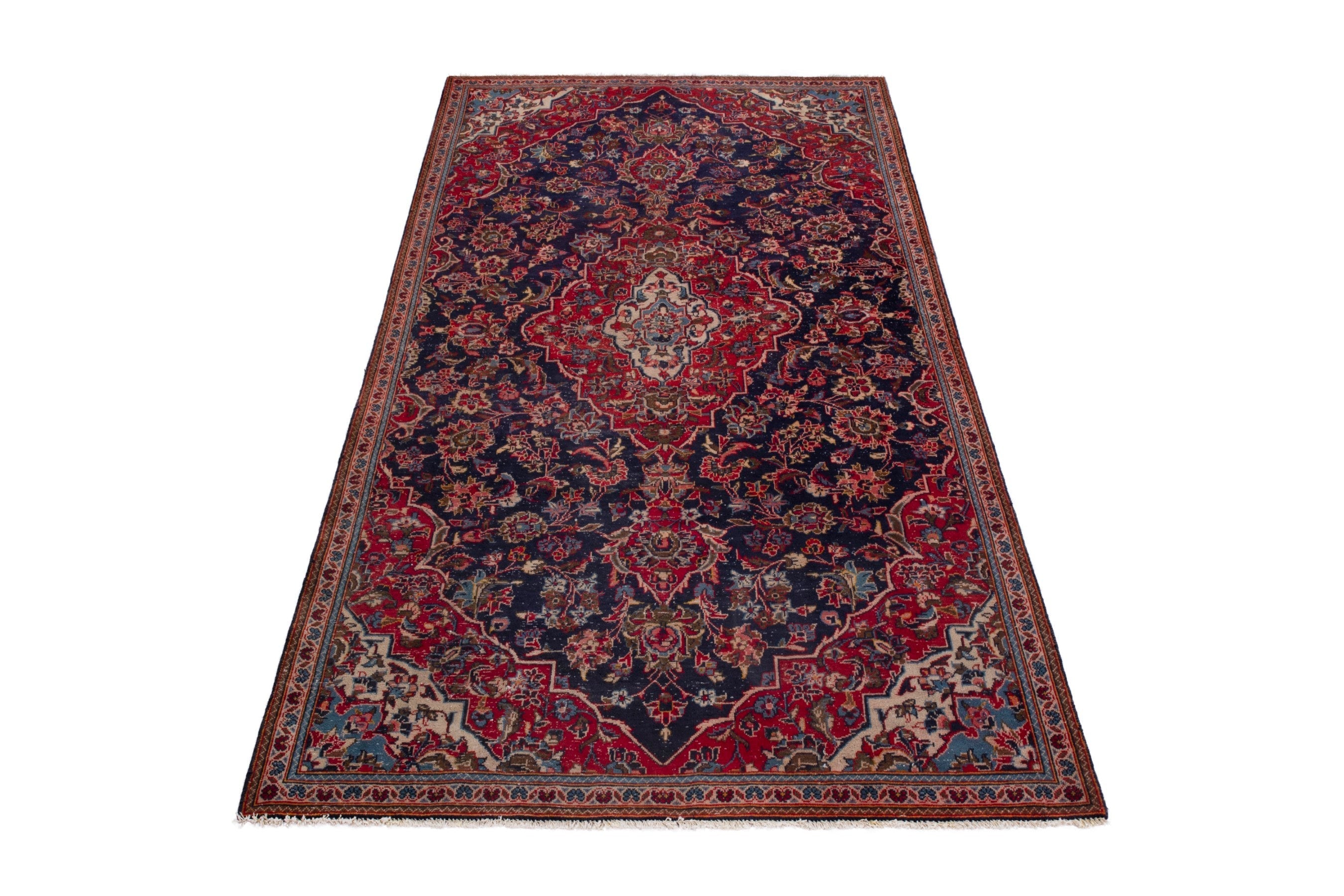 Persian Kashan area rug in navy and deep red, view 2 of 18