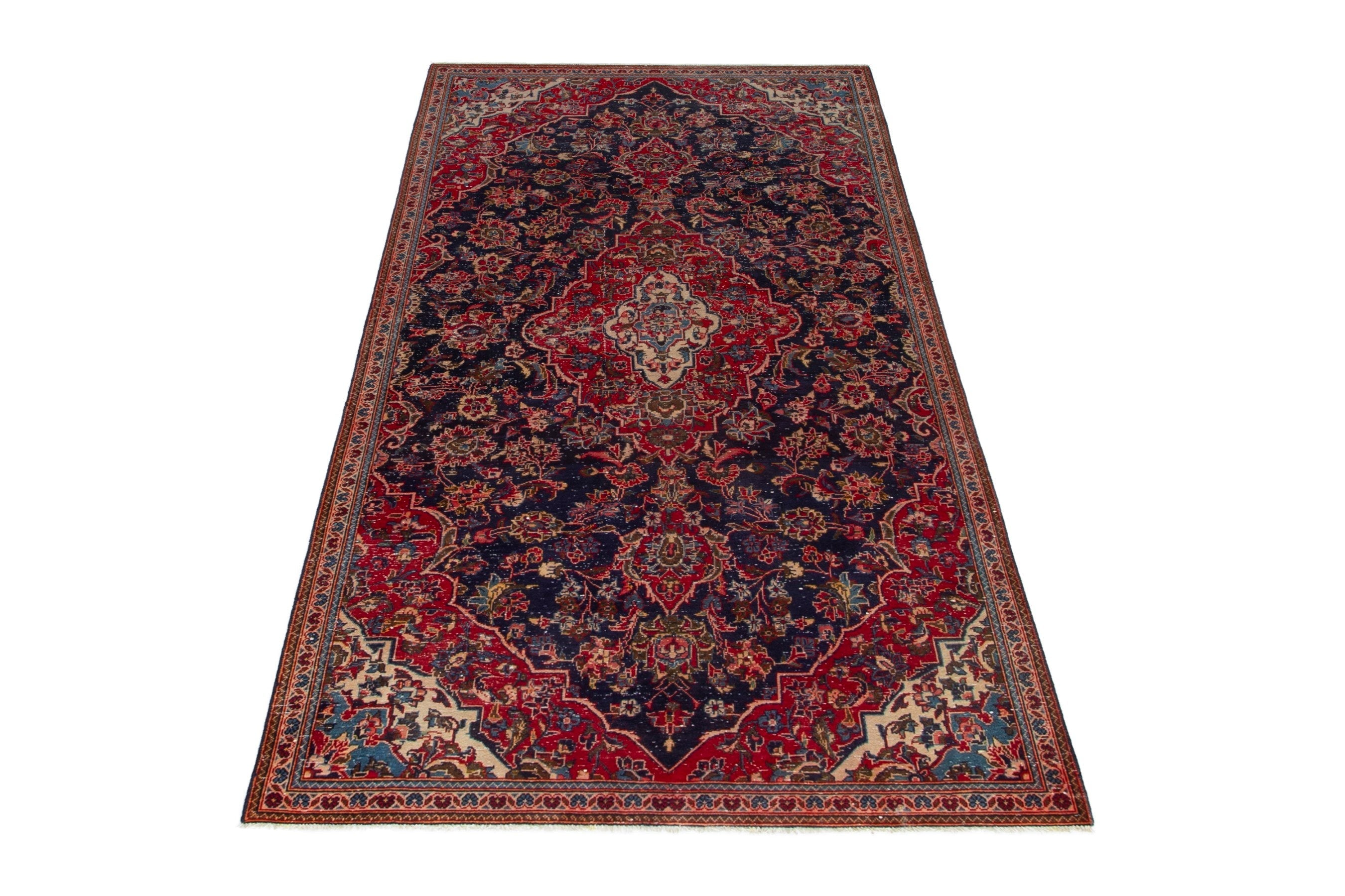 Persian Kashan area rug in navy and deep red, view 3 of 18