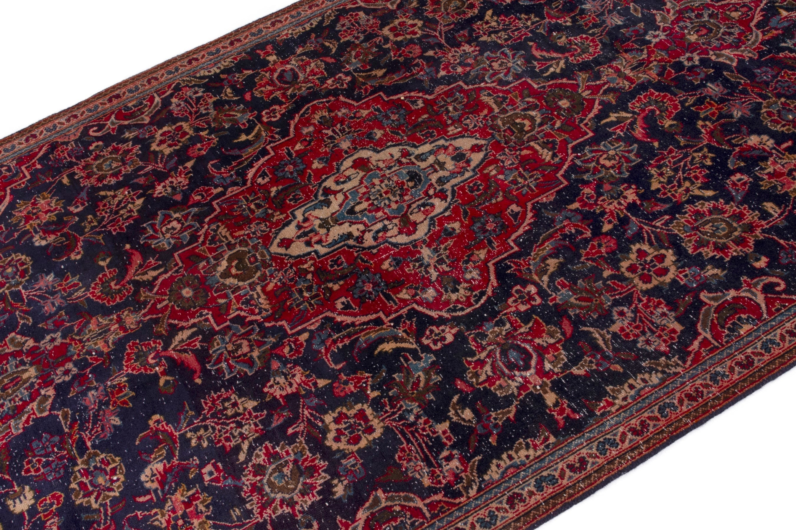 Persian Kashan area rug in navy and deep red, view 4 of 18