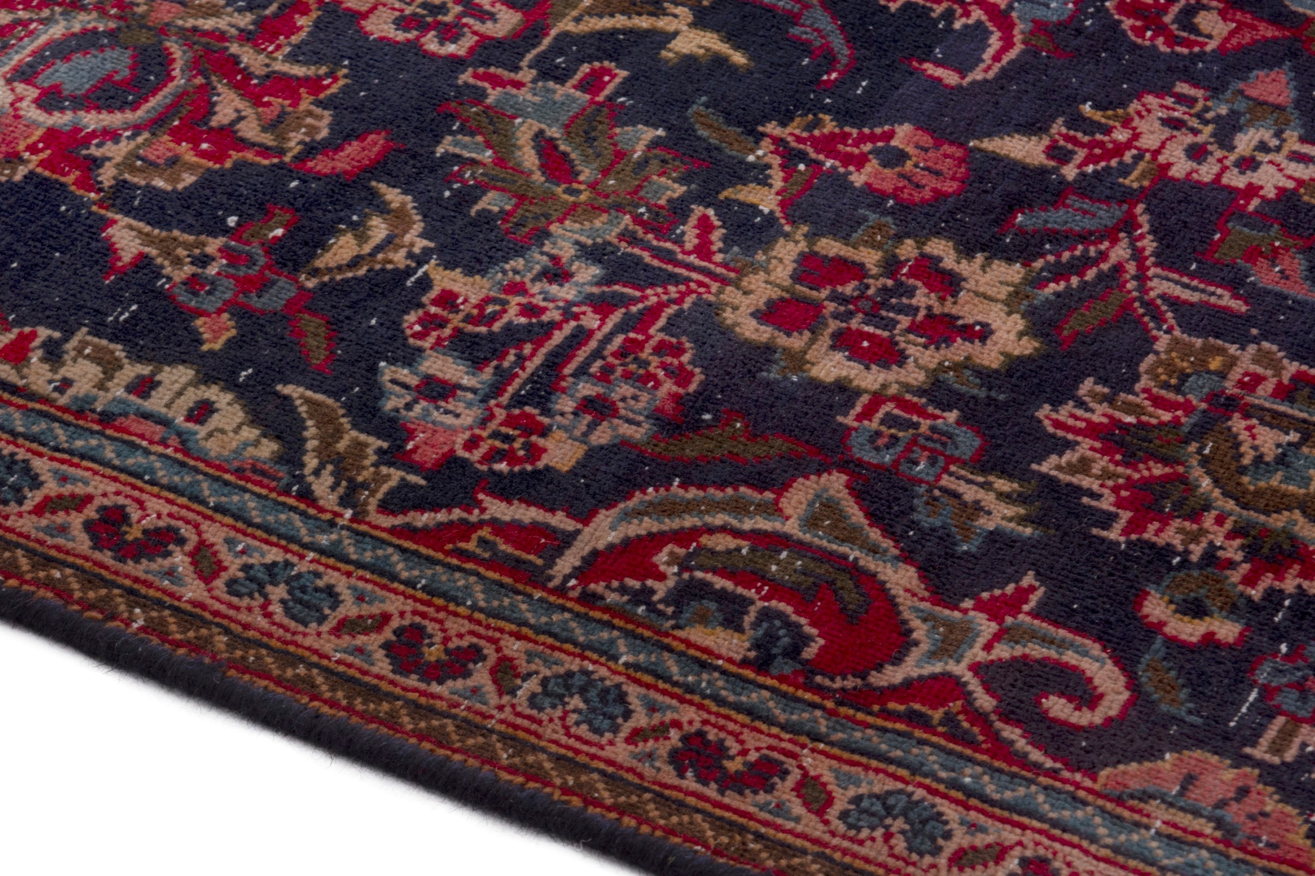 Persian Kashan area rug in navy and deep red, view 6 of 18