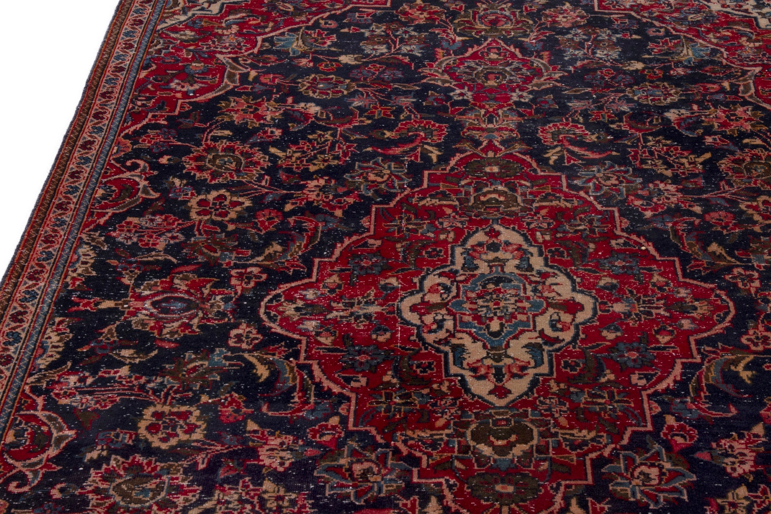 Persian Kashan area rug in navy and deep red, view 7 of 18