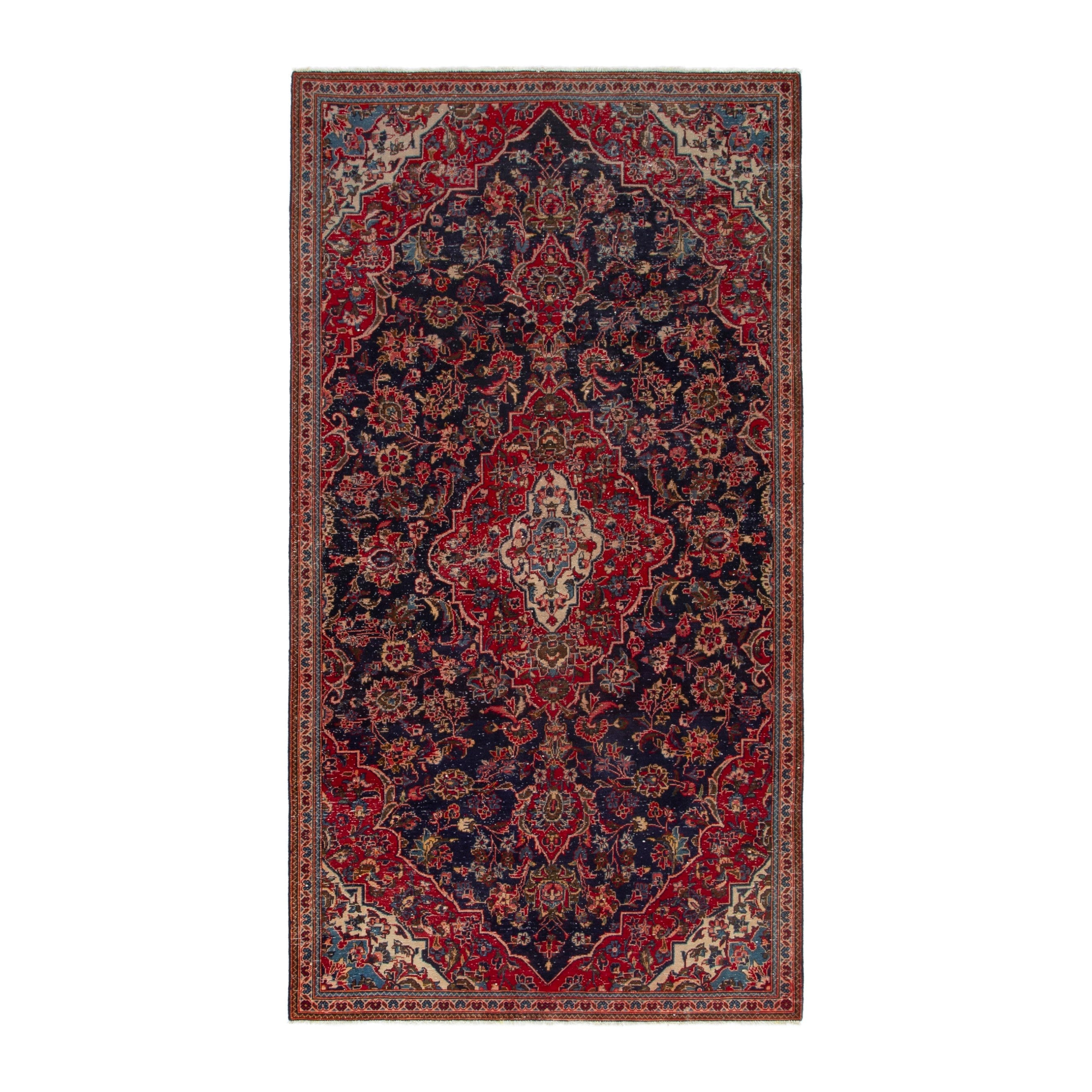 Persian Kashan area rug in navy and deep red, 4'9" x 9'