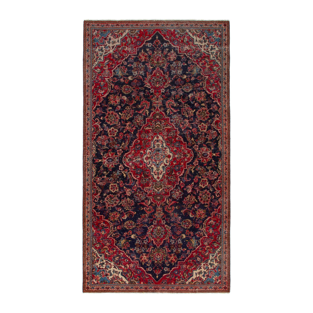 Persian Kashan area rug in navy and deep red, 4'9" x 9'