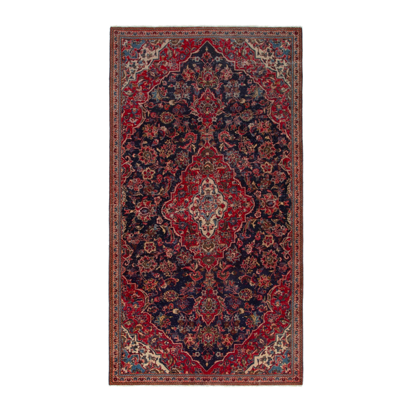 Persian Kashan area rug in navy and deep red, 4'9" x 9'