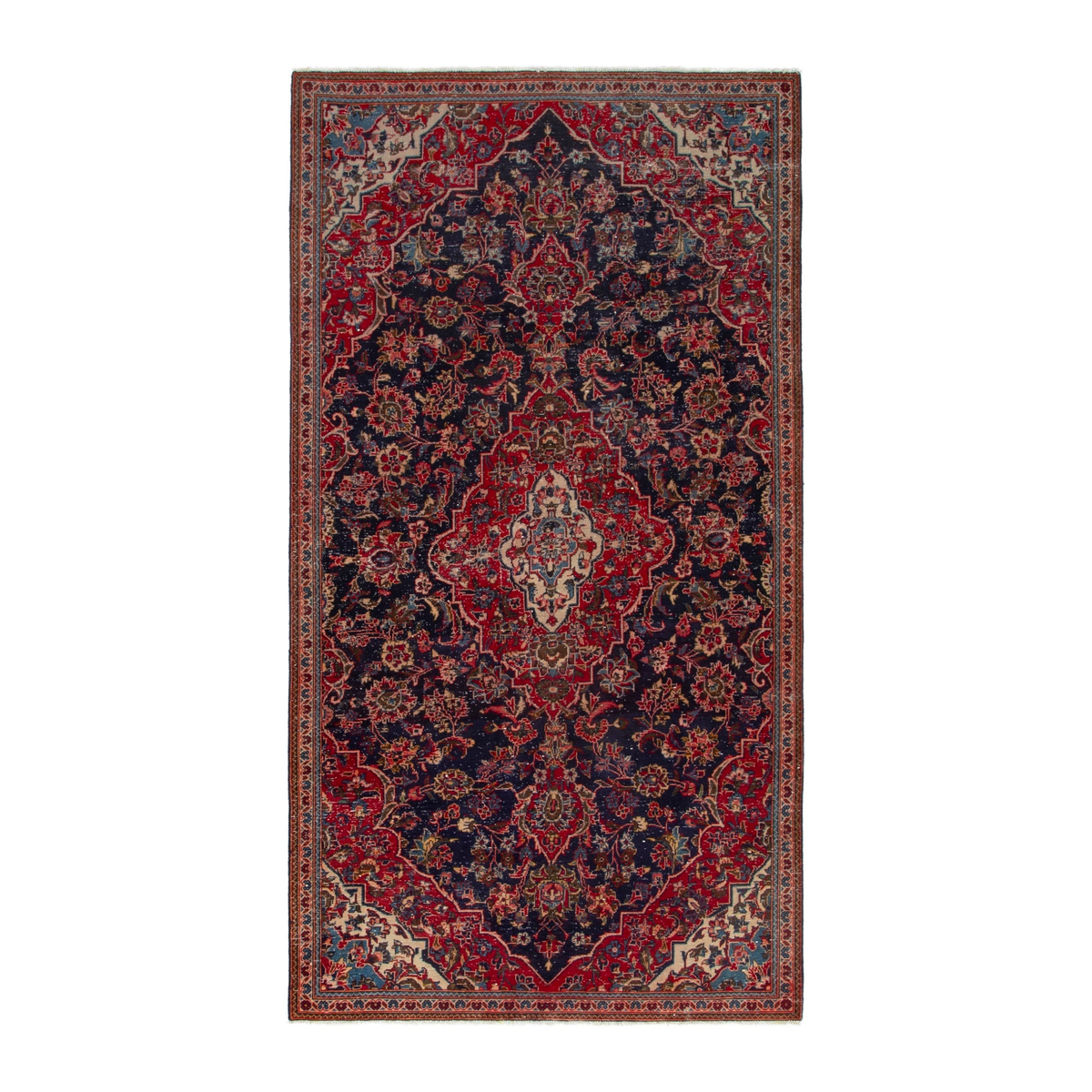 Persian Kashan area rug in navy and deep red, 4'9" x 9'