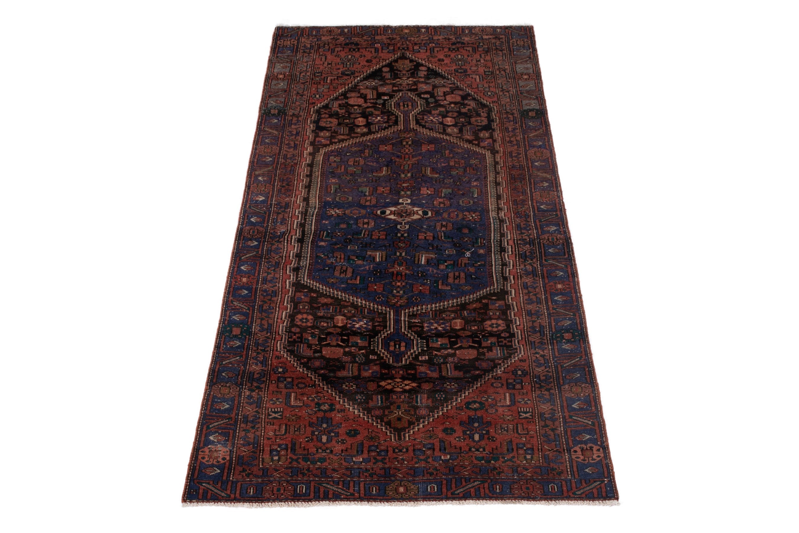 Persian Zanjan area rug in rust and dark blue, view 3 of 19
