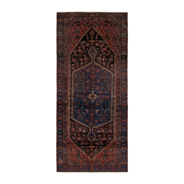 Persian Zanjan runner rug in rust and dark blue, 4'2" x 9'6"
