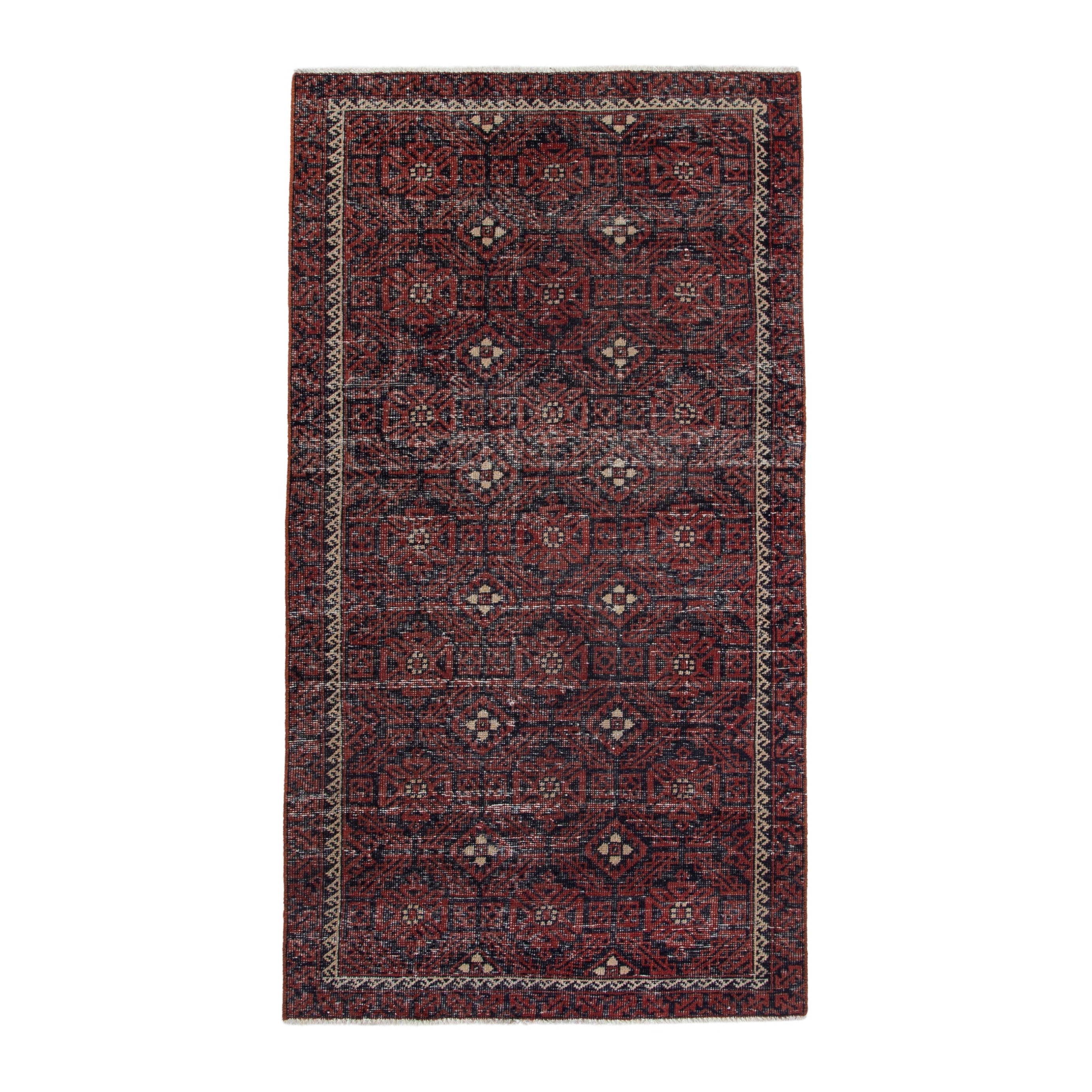 Persian Baluch runner rug in burgundy and cream, 3'11" x 8'8"