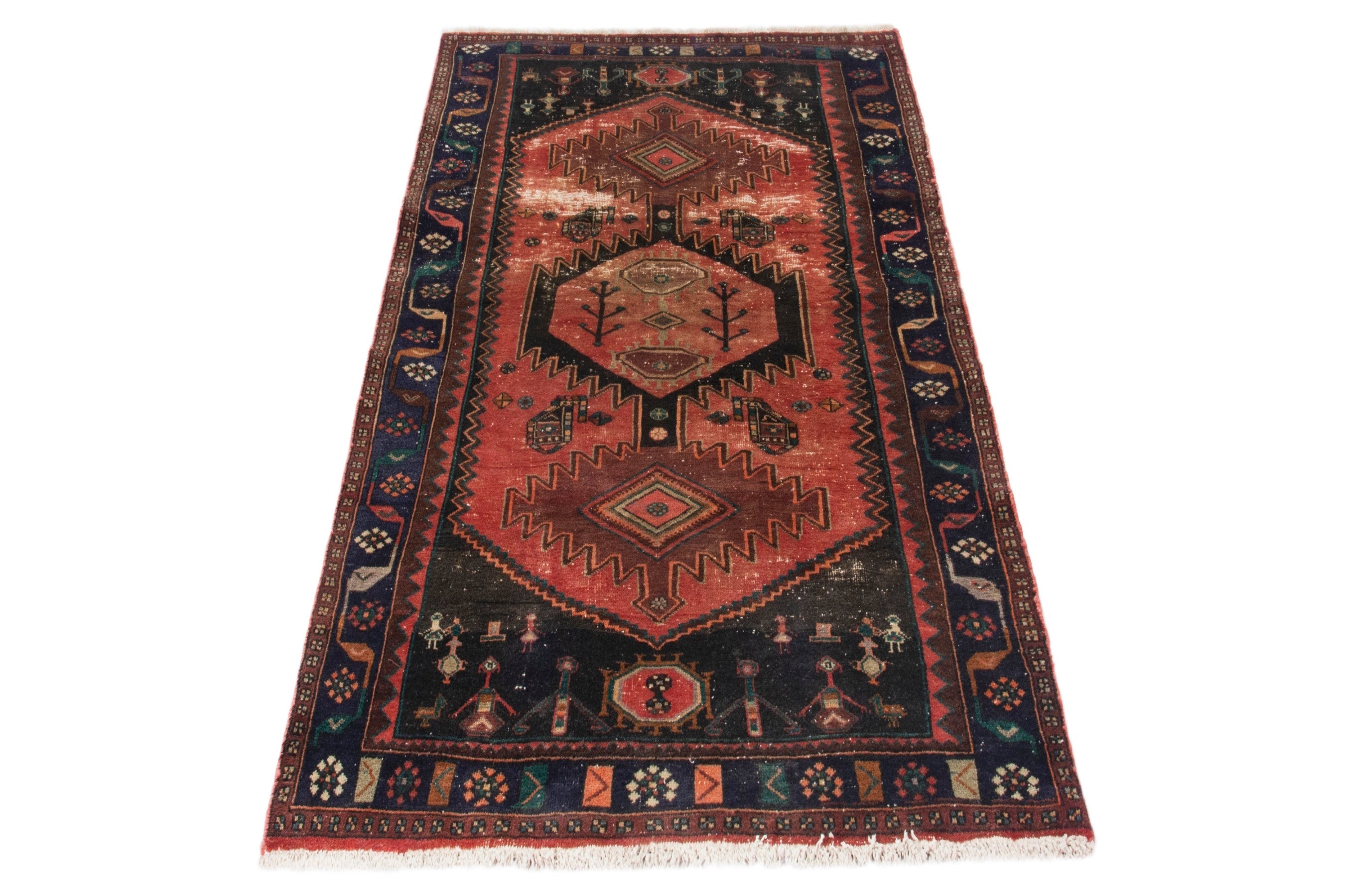 Persian Hamedan area rug in rust and navy, view 2 of 19
