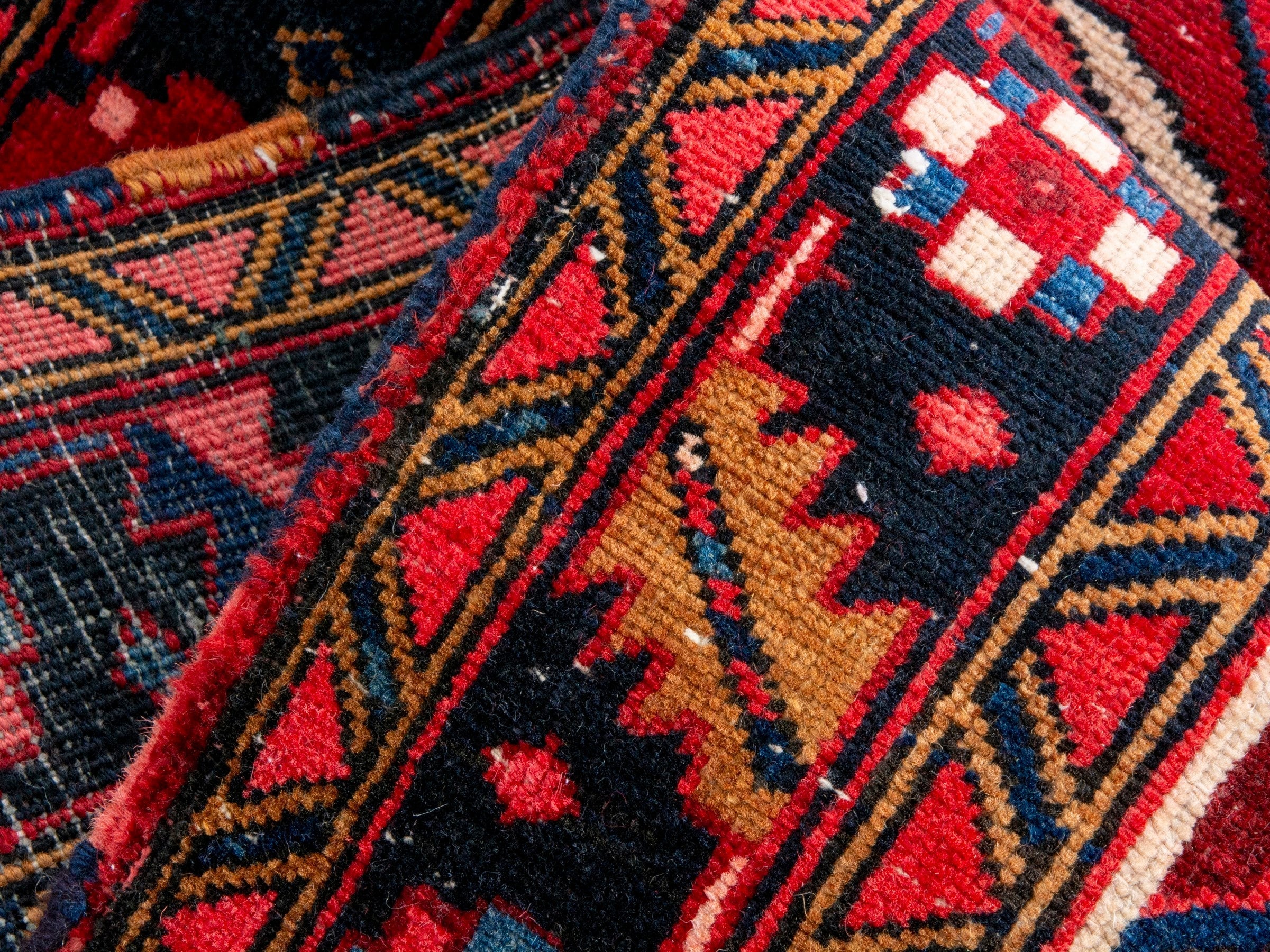 Persian Gorevan runner rug in deep red and navy, view 18 of 21