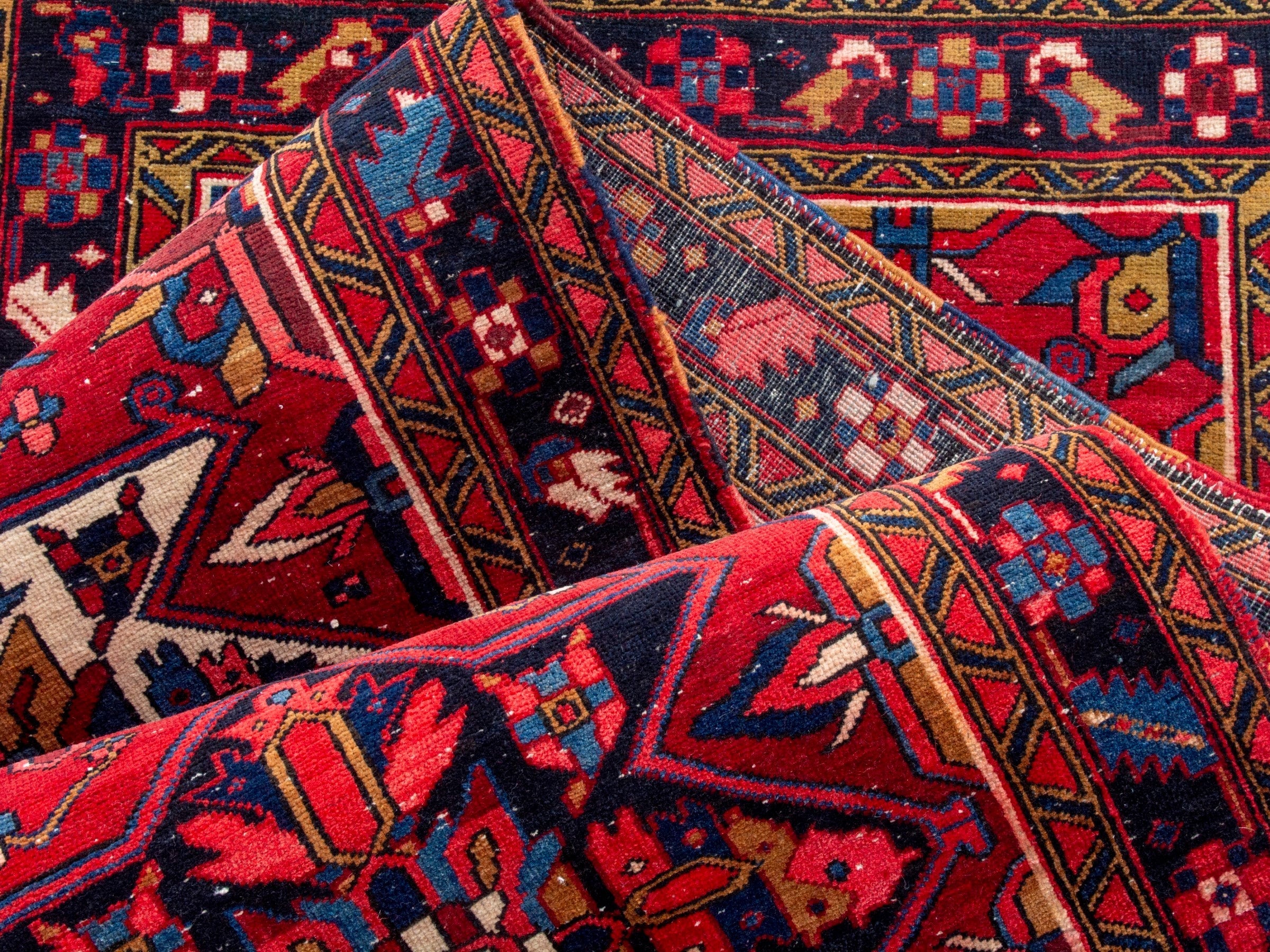Persian Gorevan runner rug in deep red and navy, view 19 of 21